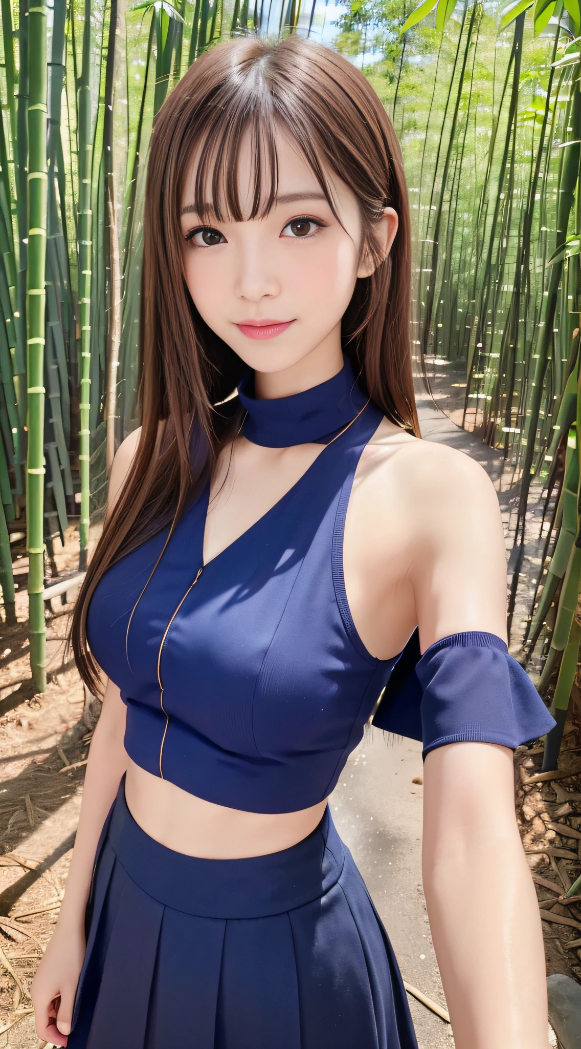 1womanl, （middlebreasts）, light brown hair, Blunt bangs, hair behind ear, hair over shoulder, （Long hair）,wetting hair,（ slender body shape）, （Ultra Fine Face）, Delicate lips,（beautidful eyes）, thin blush, Brown eyes, （shinny skin, flawless skin :1.3）,鎖骨, hide one's hands,（ Dark blue tops, Dark blue tight skirt),(a japanese girl),(Posture with armpits wide open：1.3),Smile,,bustshot,（bamboo forrest:1.5）