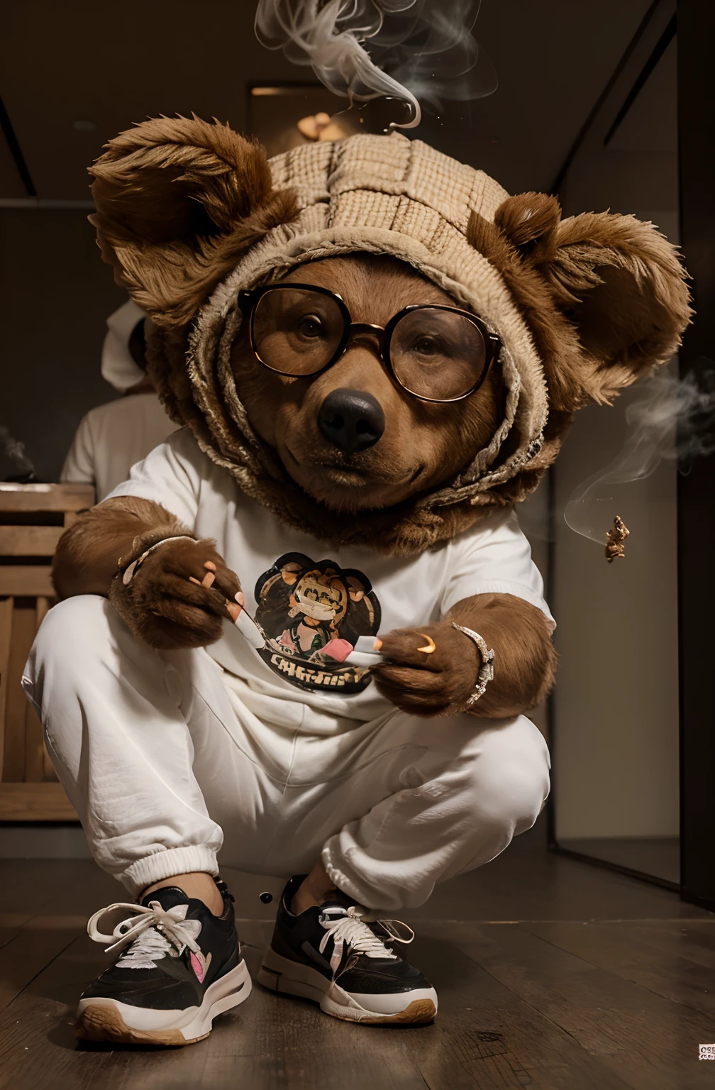 (um urso realista fumando maconha:1.2),(fofo,adolable:1.1) urso, (Wearing glasses on his head, with detailed clothing and sneakers),(smoking a joint)