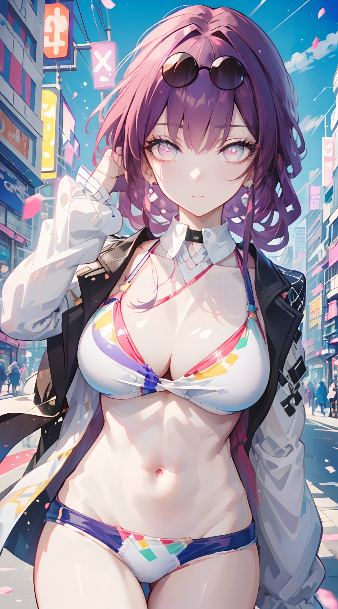 (best quality,4k,8k,highres,masterpiece:1.2),ultra-detailed,colorful anime girl in town, vibrant street, bustling crowd, busy shops, tall buildings, neon signs, street vendors, cherry blossom trees, magical atmosphere, stylish fashion, dynamic poses, anime aesthetics, vibrant colors, soft lighting,dark Purple hair, purple eyes, (detailed eyes:1.5),city scenery,contrapposto,(bikini:1.4), Big breast
