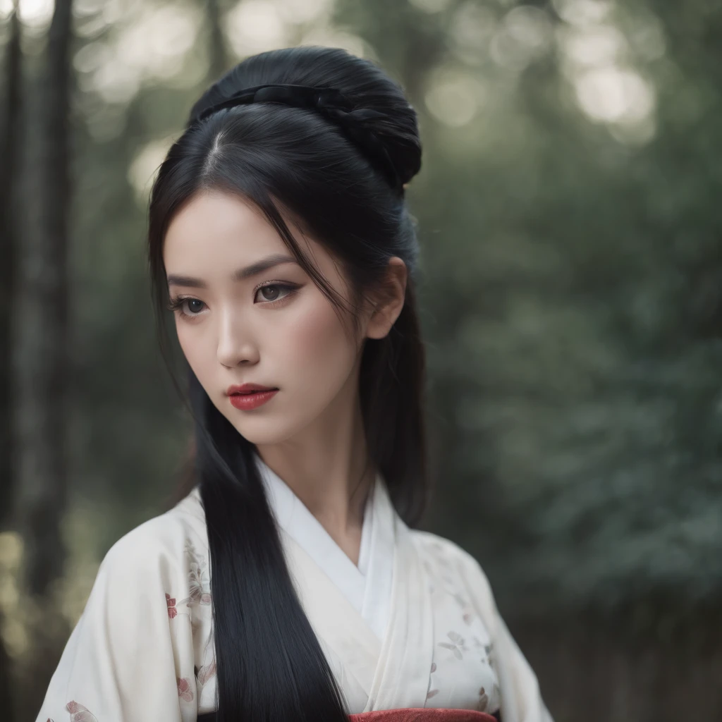 gothic kimono girl with black long straight hair, photorealistic, portrait, japanese, film