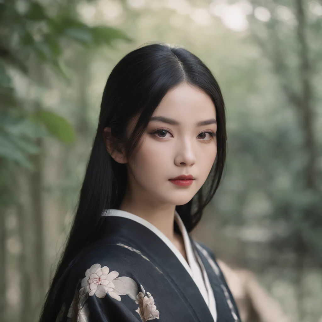 gothic kimono girl with black long straight hair, photorealistic, portrait, japanese, film