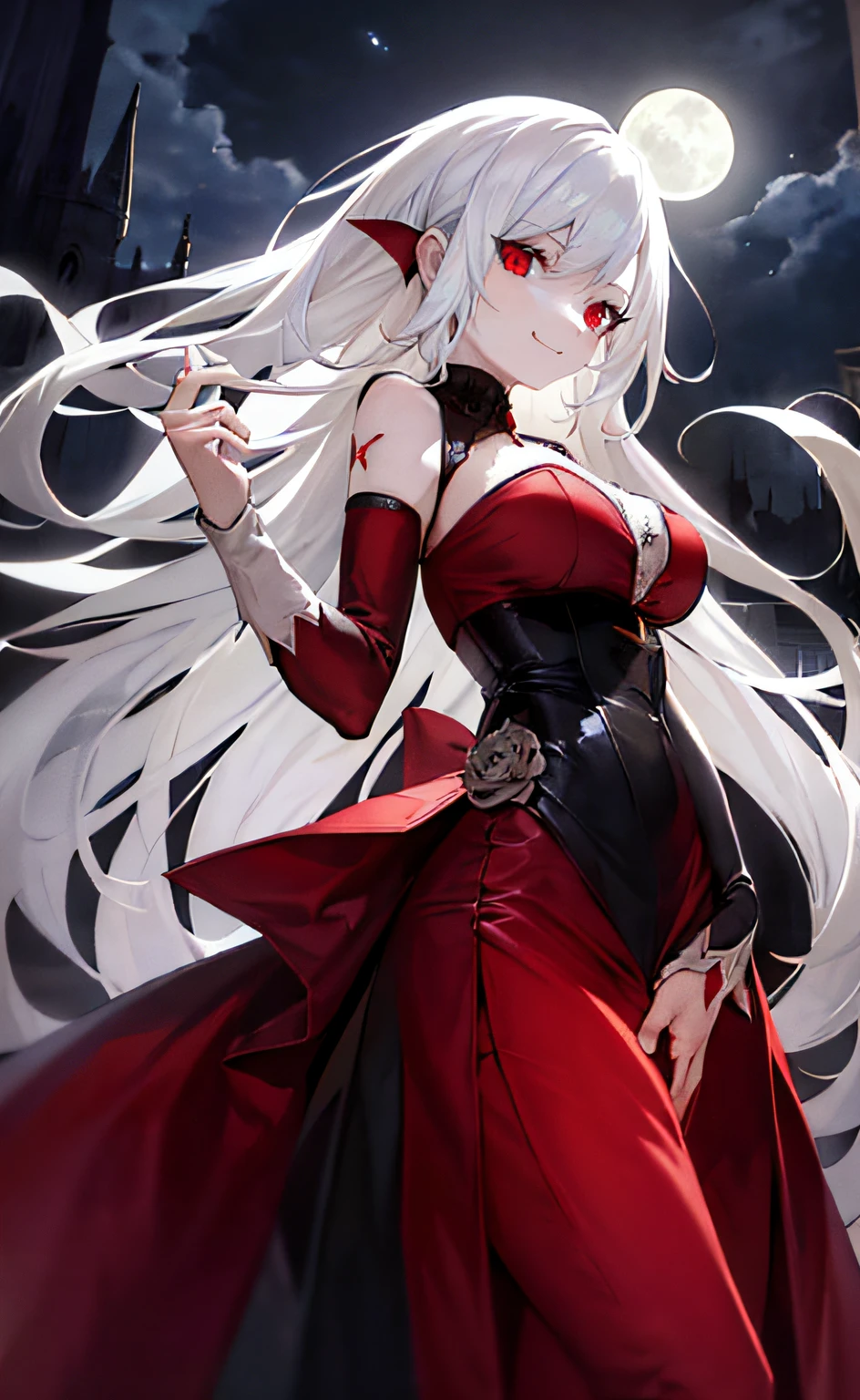 vampire,masterpiece, best quality, ultra-detailed, illustration, ultra-detailed face, best quality face, evil, 30 years old, adult, 1girl, 30 years old, no human, white hair, full moon, gothic setting, smile, confident, elegant flowing crimson red dress,elegant, powerful.