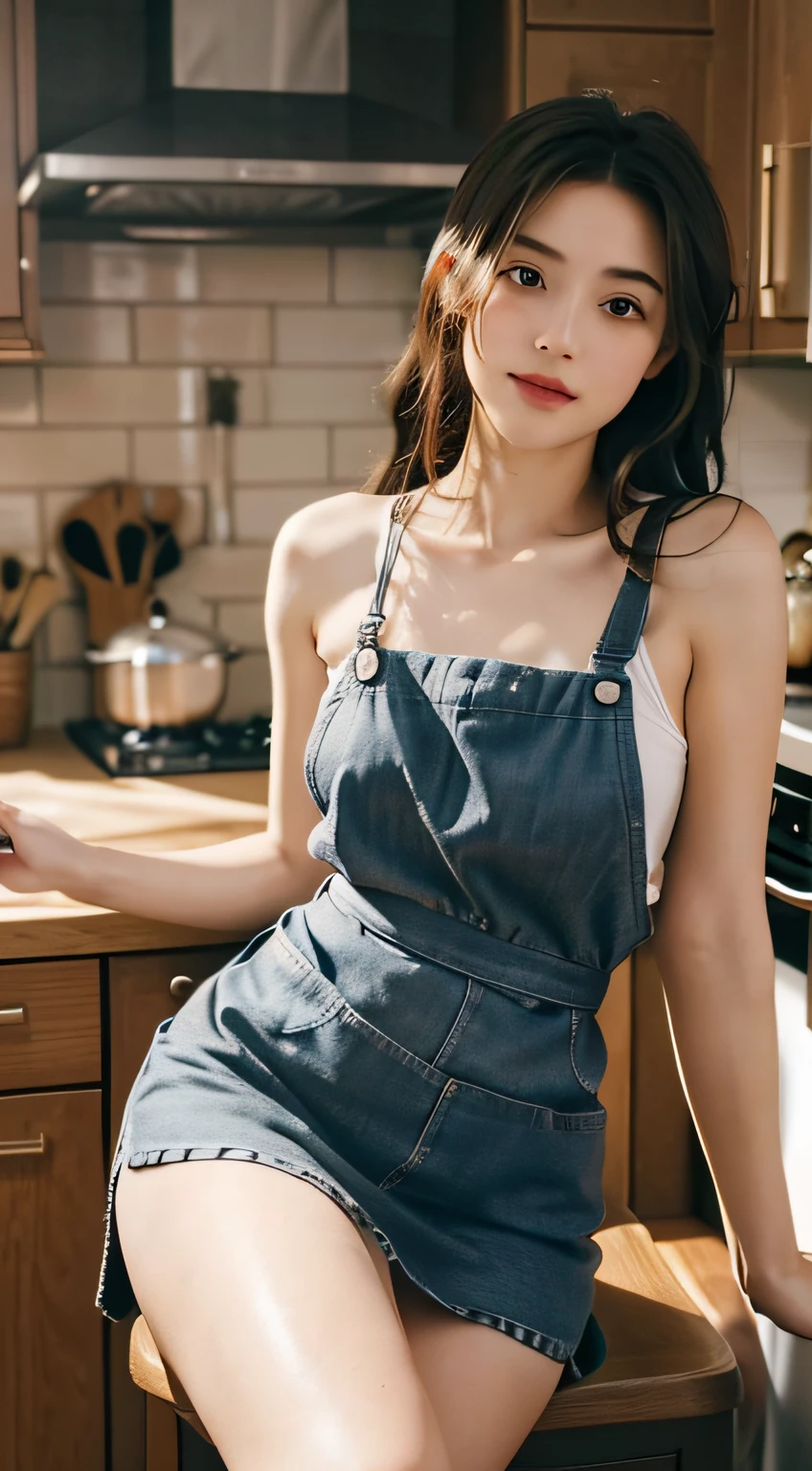 A young girl with dreadlocks hair, sitting in a crossed-leg pose, is in the kitchen. The girl has realistic features with beautiful detailed eyes, lips, and face. She is wearing a French maid apron, which adds a touch of femininity to her appearance. Her outfit is completed with briefs underwear.

The image quality is the highest, with the resolution set to 4k or 8k, ensuring all the details are captured perfectly. The artwork aims for a realistic and photorealistic style, allowing viewers to immerse themselves in the scene. The lighting is professionally done, with studio lighting techniques applied to enhance the overall ambiance.

In terms of color, a warm and inviting color palette is used, creating a cozy atmosphere in the kitchen. The lighting casts soft shadows on the girl, adding depth and dimension to the image. The composition focuses on the girl, with the background subtly hinted at, showcasing the kitchen environment.

This prompt paints a vivid picture of a young girl in a kitchen, exuding a relaxed and comfortable vibe.