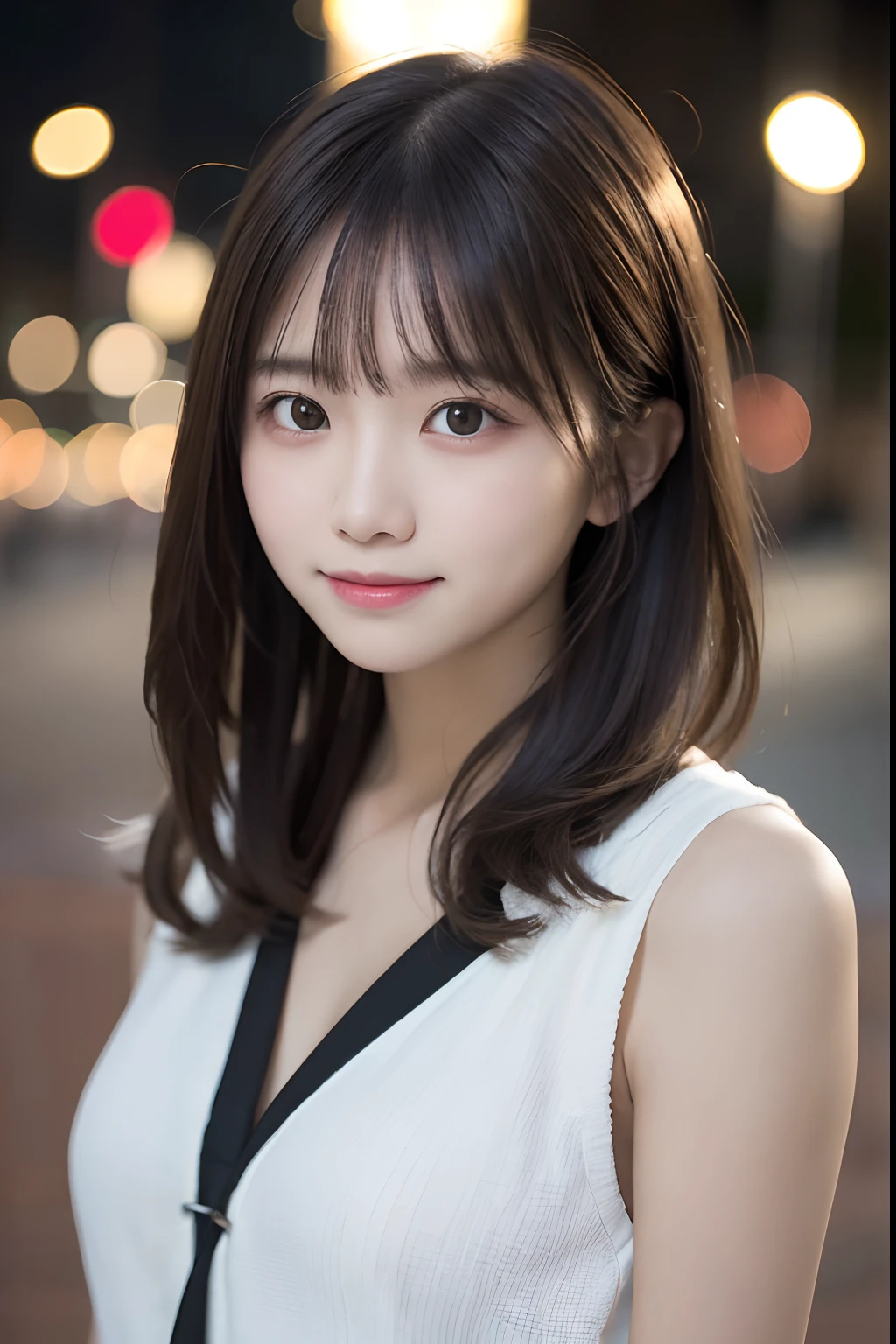 (8k,RAW photo、RAW photo、highest quality、master masterpiece:1.2)、super detailed、super resolution、(Photoreal:1.3)、Angle taken from below、Clearly depict the shadows of light、High resolution RAW color photos、professional photos、Same skin type as humans、Japanese female proofreader from head to foot、blur the background、I draw it faithfully to the anatomy.、City of night、very detailed and beautiful、Super high quality、length、Brown hair fluttering in the night breeze、Her hair is swinging and sexy、Highly detailed beautiful girl、(pink eyeshadow)、smile、private server、whole body、sexy shot looking at camera