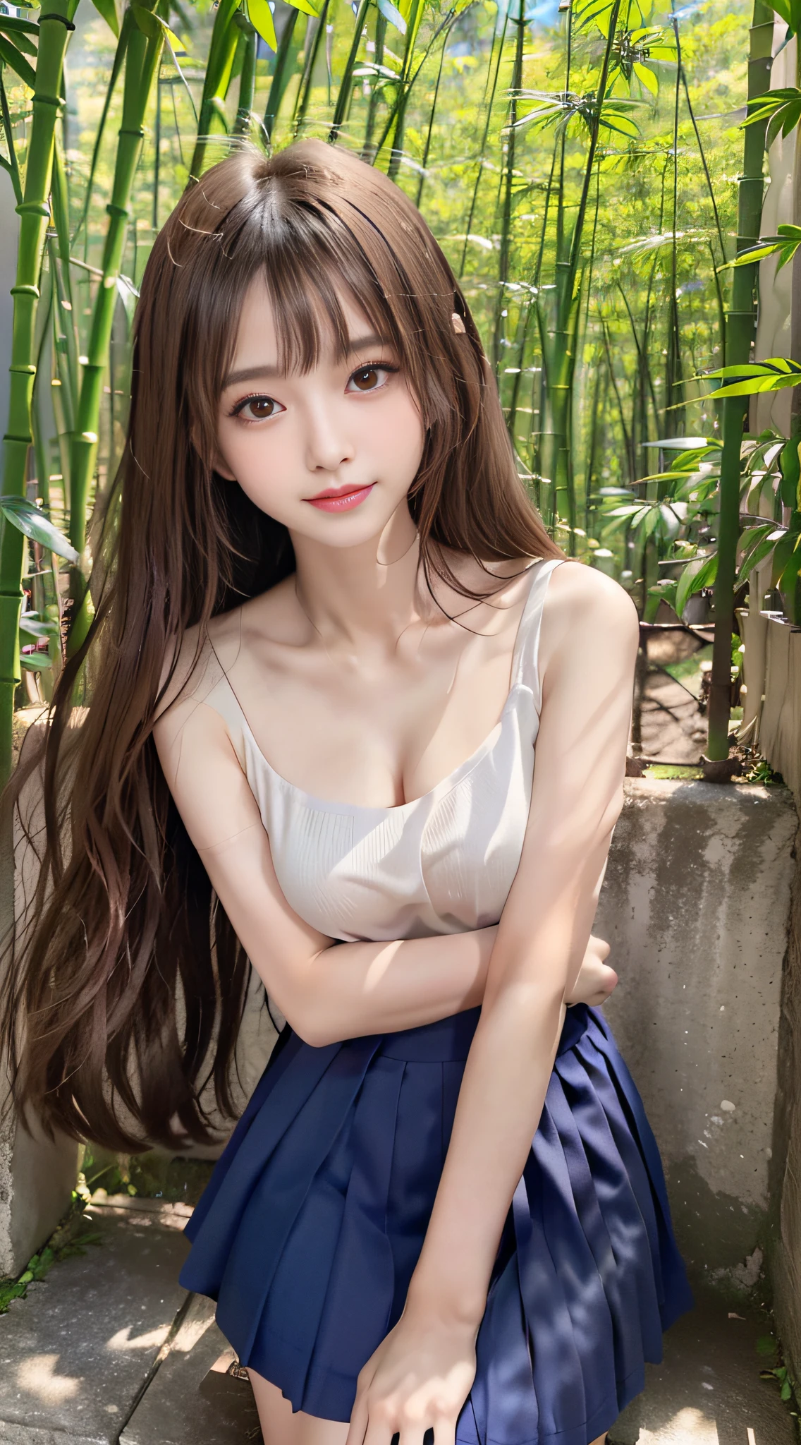1womanl, （middlebreasts）, light brown hair, Blunt bangs, hair behind ear, hair over shoulder, （Long hair）,wetting hair,（ slender body shape）, （Ultra Fine Face）, Delicate lips,（beautidful eyes）, thin blush, Brown eyes, （shinny skin, flawless skin :1.3）,鎖骨, hide one's hands,（ a choker,Dark blue tops, Dark blue tight skirt),(a japanese girl),(Posture with armpits wide open：1.3),Smile,,bustshot,（bamboo forrest:1.5）