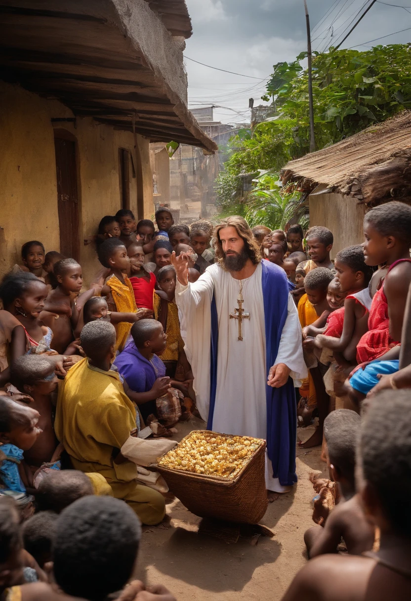 Jesus Christ of Nazareth teaching the word of God in the streets of a slum crowded with needy people. Jesus tem a pele parda, nariz estilo de judeu. A favela tem casas feita de madeira, pessoas com a fisionomia abatida, pobres, aleijados.