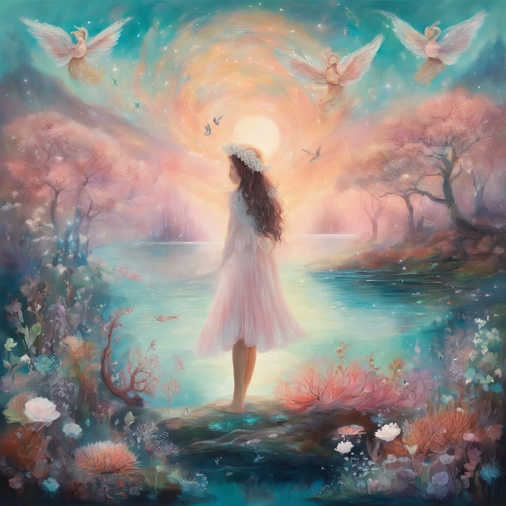 A girl stands on a reef by a lake,Hazy picture,The background is paste and forest,The forest is full of white flowers and leaves