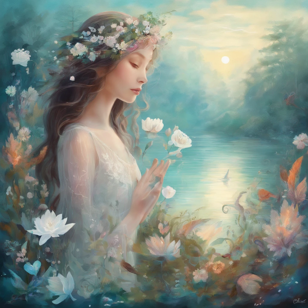 A girl stands on a reef by a lake,Hazy picture,The background is paste and forest,The forest is full of white flowers and leaves