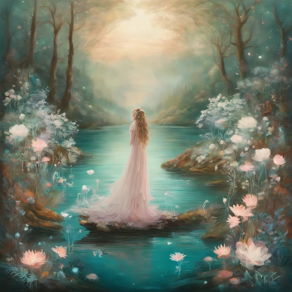 A girl stands on a reef by a lake,Hazy picture,The background is paste and forest,The forest is full of white flowers and leaves