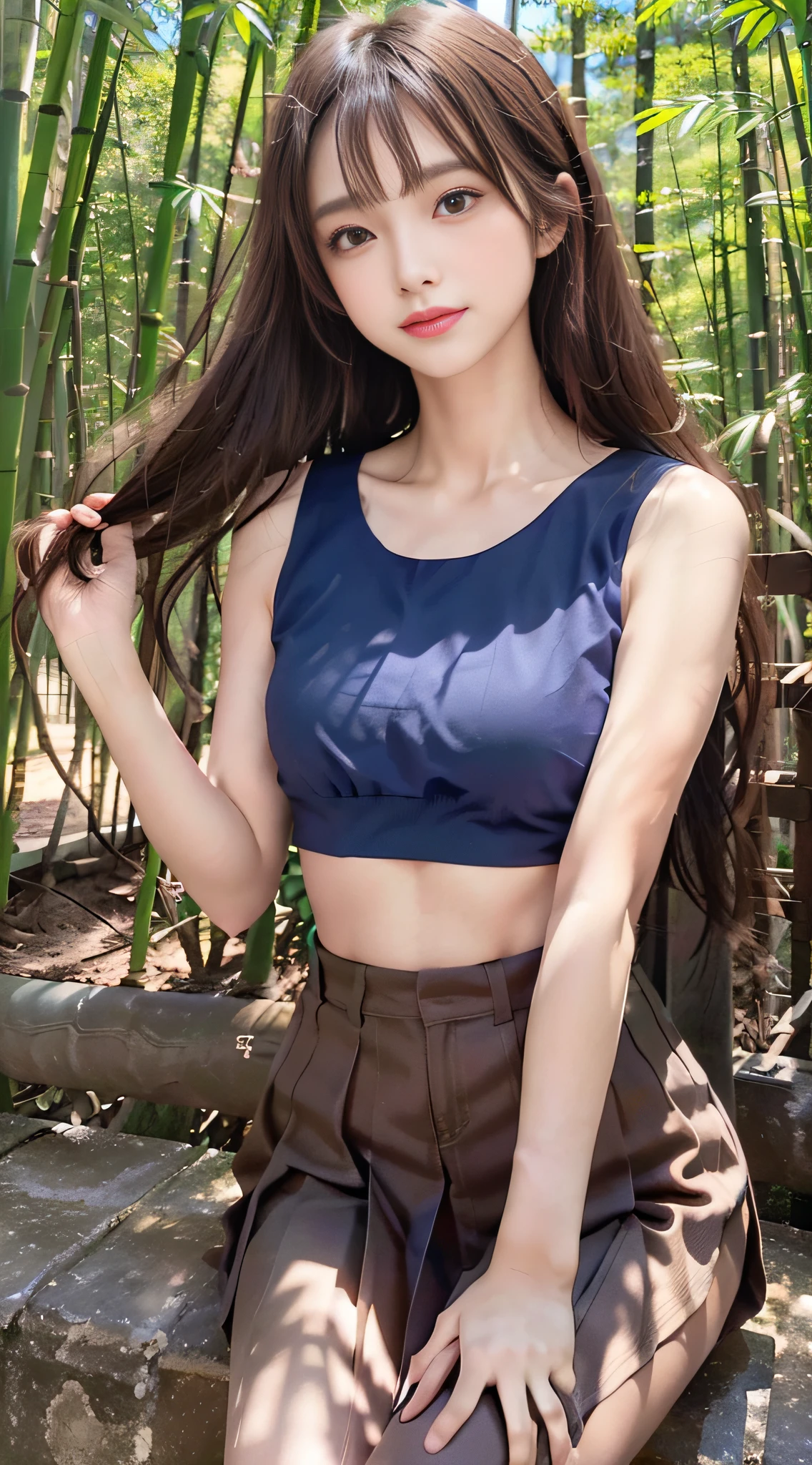 1womanl, （middlebreasts）, light brown hair, Blunt bangs, hair behind ear, hair over shoulder, （Long hair）,wetting hair,（ slender body shape）, （Ultra Fine Face）, Delicate lips,（beautidful eyes）, thin blush, Brown eyes, （shinny skin, flawless skin :1.3）,鎖骨, hide one's hands,（ a choker,Dark blue tops, Dark blue tight skirt),(a japanese girl),(Posture with armpits wide open：1.3),Smile,,bustshot,（bamboo forrest:1.5）