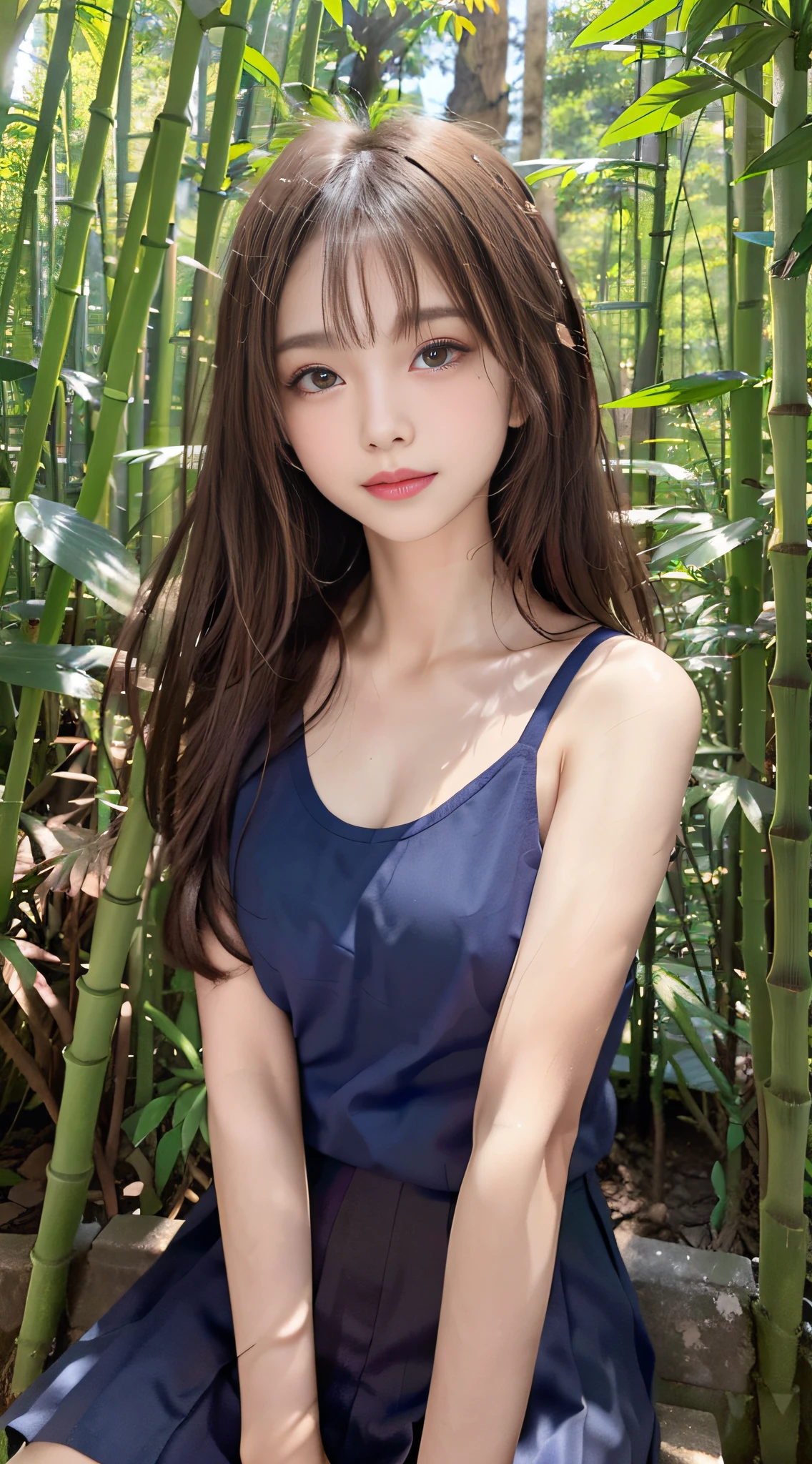 1womanl, (middlebreasts), light brown hair, Blunt bangs, hair behind ear, hair over shoulder, (Long hair),wetting hair,( slender body shape), (Ultra Fine Face), Delicate lips,(beautidful eyes), thin blush, Brown eyes, (shinny skin, flawless skin :1.3),鎖骨, hide one's hands,( a choker,Dark blue tops, Dark blue tight skirt),(a japanese girl),(Posture with armpits wide open:1.3),Smile,,bustshot,(bamboo forrest:1.5)