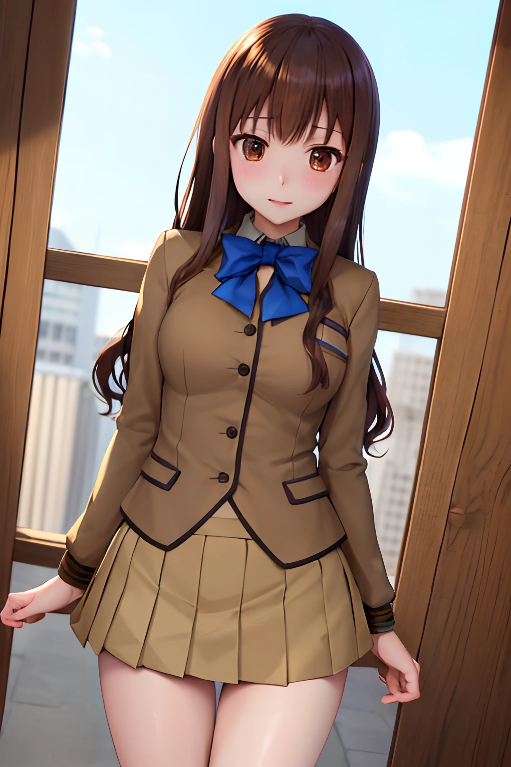 masutepiece, Best Quality, hight resolution, HMKH1, blue bowtie, blue bow, Brown skirt, Brown jacket, Black pantyhose, School uniform, Cowboy Shot, a miniskirt、((self lift))、((skirt rift))、((Show panties))