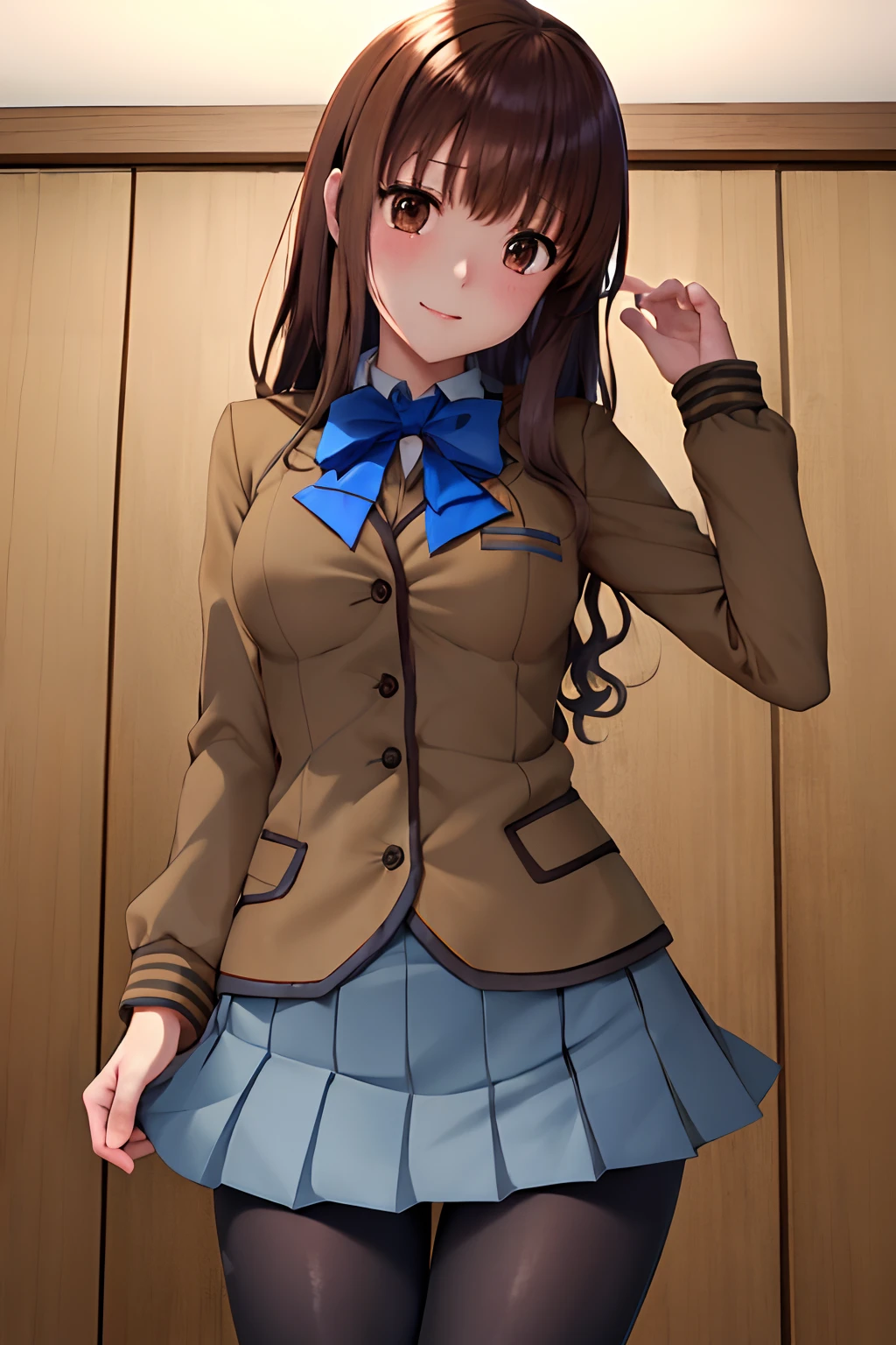 masutepiece, Best Quality, hight resolution, HMKH1, blue bowtie, blue bow, Brown skirt, Brown jacket, Black pantyhose, School uniform, Cowboy Shot, a miniskirt、((self lift))、((skirt rift))、((Show panties))