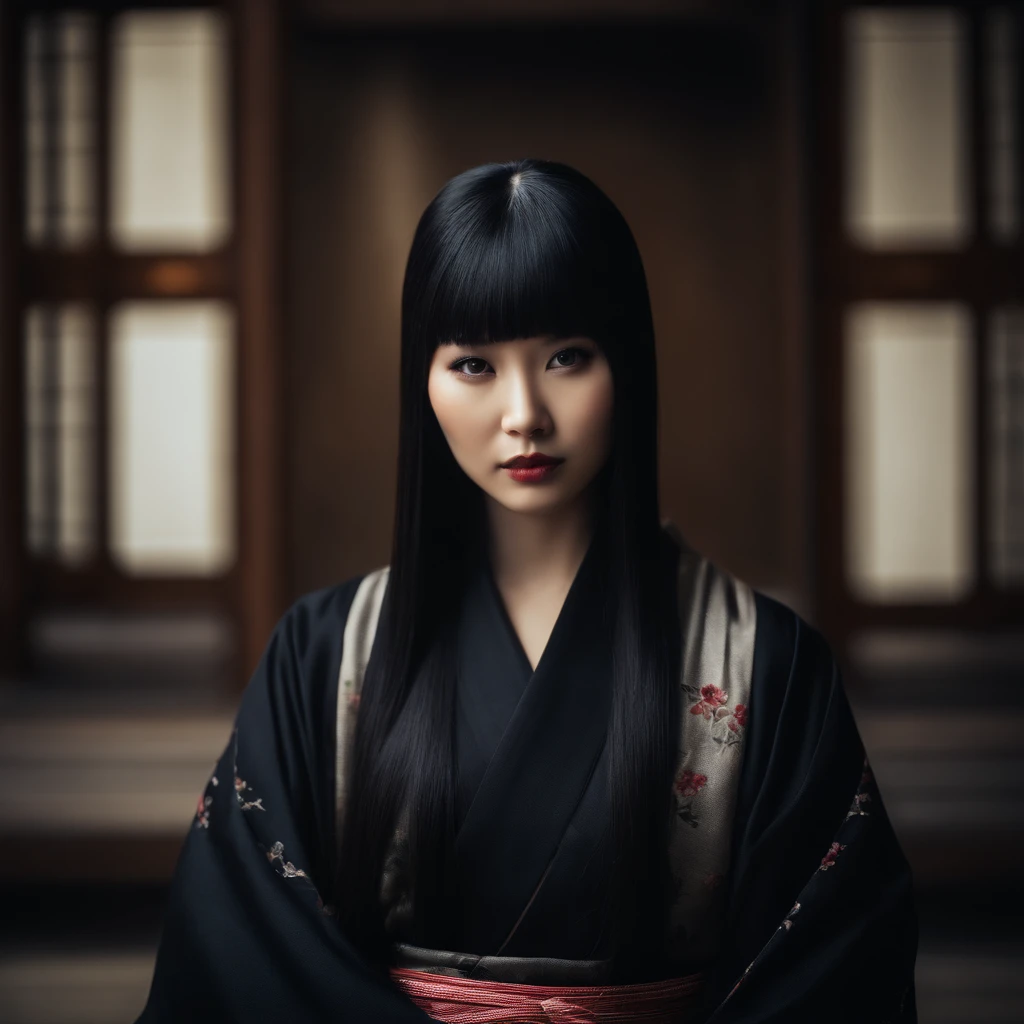 gothic kimono girl with black long straight hair, photorealistic, portrait, japanese, film