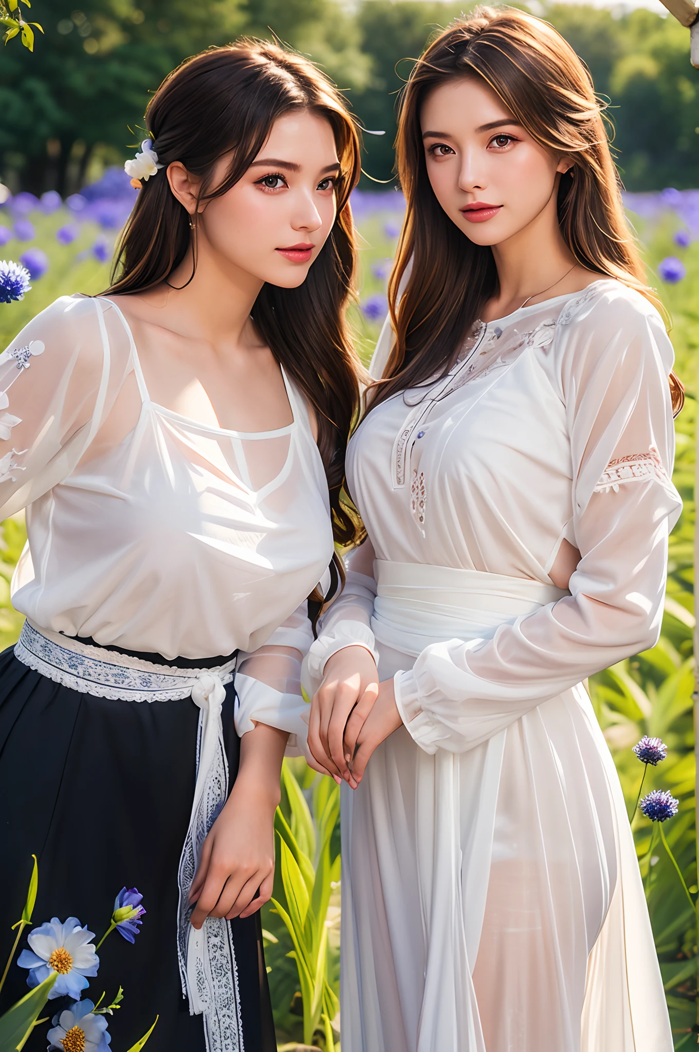 (dynamic pose:1.2),(dynamic camera),photo RAW,((close-up:1.2),portrait of two young_women in see-through dress,leering:1.3,stroking:1.3,Embroidery pattern,belorussin,long blonde wave hair, standing on flowers field, big cornflowers in foreground (bokeh:1.2)), masterpiece, award winning photography, lighting, perfect composition, high detail, hyper realistic,dramatic lighting, epic