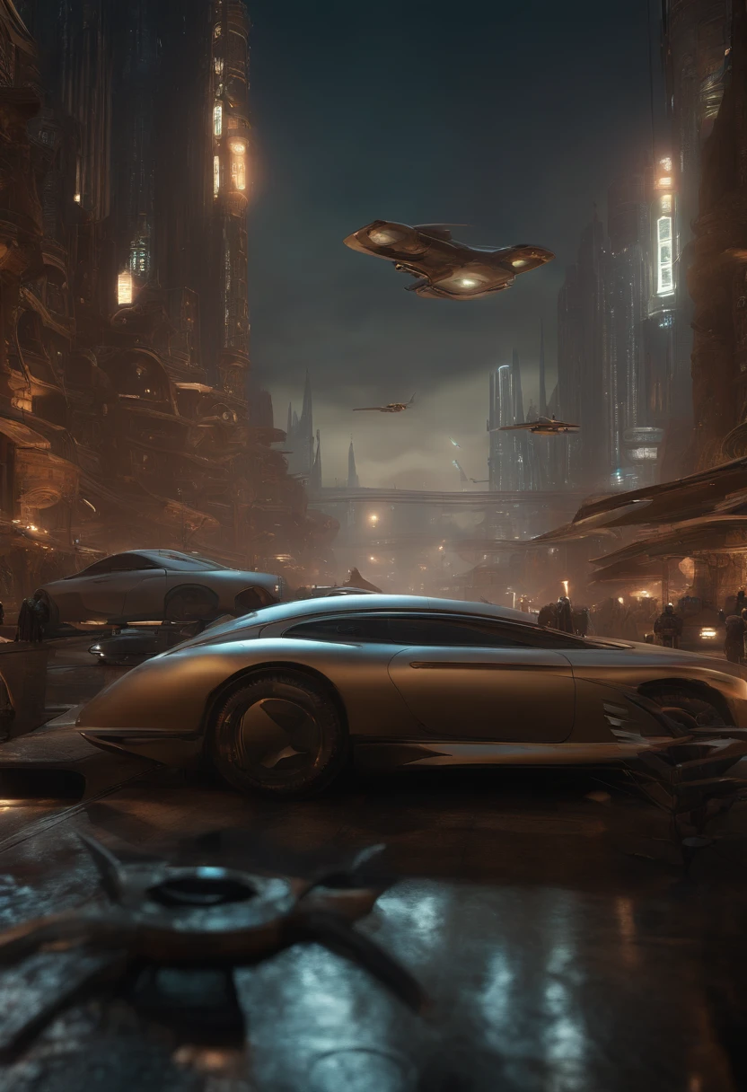 futuristic city with a lot of cars and a lot of birds flying around, phantom dust gameplay screenshot, huge futuristic temple city, game art matte painting, scenic dystopian environment, futuristic dieselpunk street, in bladerunner city, 3 d render and matte painting, ancient sci - fi city, dieselpunk city, future science fiction. game cg, depicted as a scifi scene
