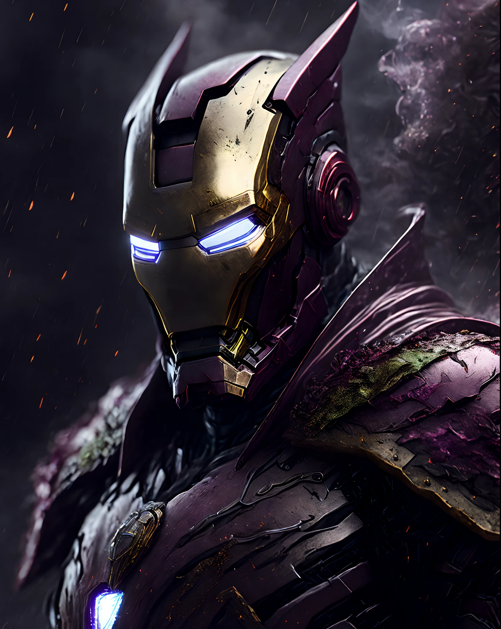 Close-up (Joker Iron Man in Viking style: 1.3) emerging from wet black mud, extremely detailed, smoke, sparks, metal shavings, flying debris, volumetric light