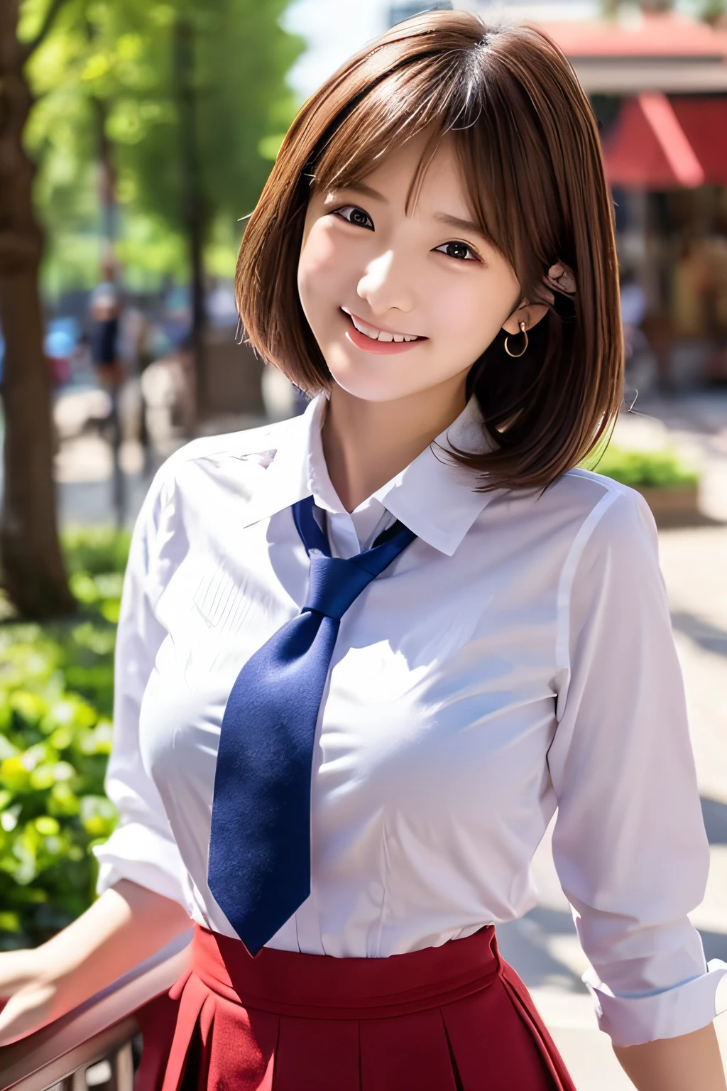 top-quality、ultra-detailliert、masterpiece、realisitic、Photo Real、one girls、(Cute 17 year old girl、small head)、(kawaii:1.2)、huge smile、(Brown hair、Short bob hair)、eyes are brown、perfect glossy skin、((A slender))、((Perfect body))、model poses、accurate depiction、face perfect、in school uniform、white shirt、Blue skirt、Red tie、large full breasts、Look here、Bright lighting、Sunnyday、cafes、terraces、Blur the background、NSFW