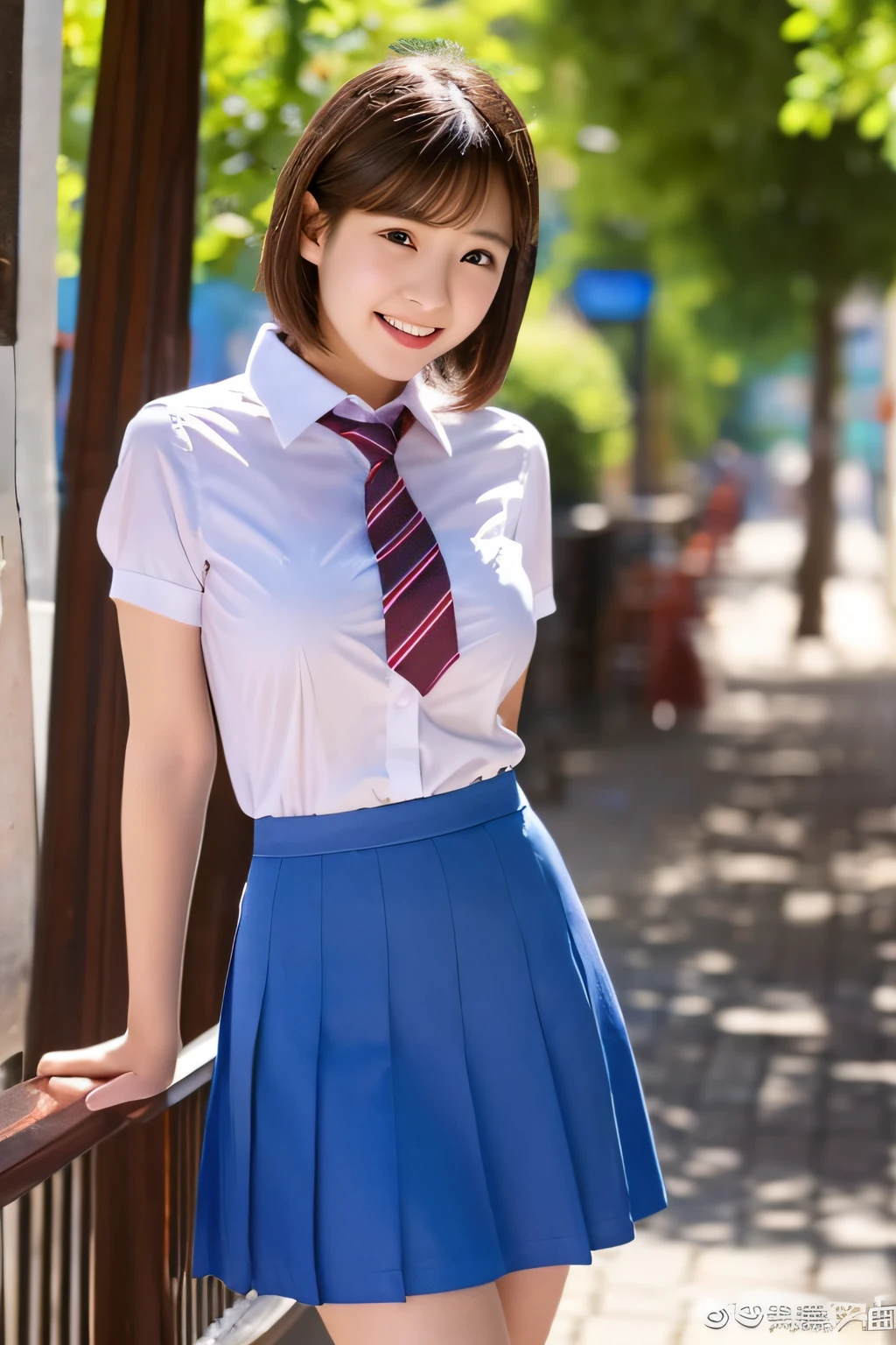 top-quality、ultra-detailliert、masterpiece、realisitic、Photo Real、one girls、(e 17 rl、small head)、(kawaii:1.2)、huge smile、(Brown hair、Short bob hair)、eyes are brown、perfect glossy skin、((A slender))、((Perfect body))、model poses、accurate depiction、face perfect、in school uniform、white shirt、Blue skirt、Red tie、large full breasts、Look here、Bright lighting、Sunnyday、cafes、terraces、Blur the background、NSFW