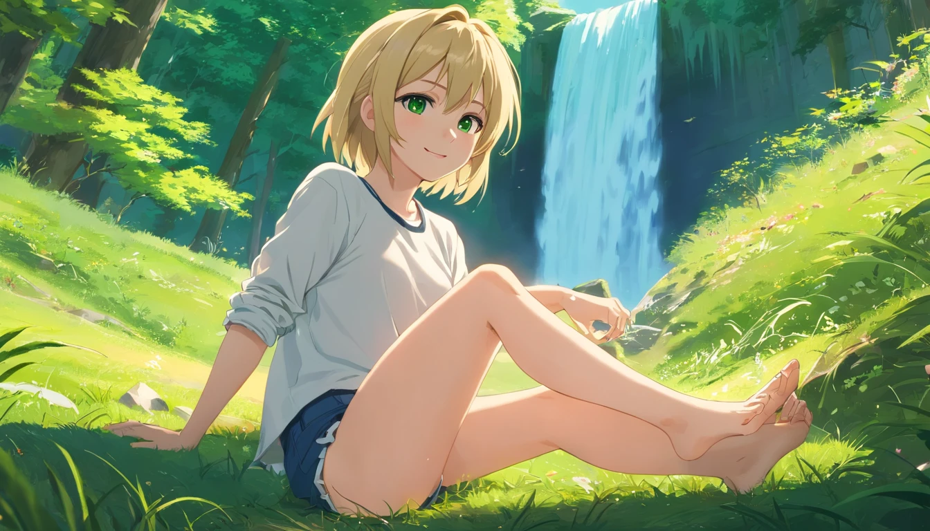 (masterpiece:1.4, best quality),unity 8k wallpaper,ultra detailed,beautiful and aesthetic,(photorealistic:1.4),perfect lighting,(1girl),green eyes,white hairs,short hair,blush,lipstick,slim,slim body ,very wild shot,detailed background,realistic,solo,perfect detailed face,naughty face,detailed eyes,highly detailed,magic forest,naked girl,rest on grass,ass demonstrate,feets up,detal,((ass)),foot focus, ((feet away)),((detailed )),smile,cute face,watch on you,((waterfall)),blonde,elf ears, (( short shorts, long sleeve shirt
)), tight clothes