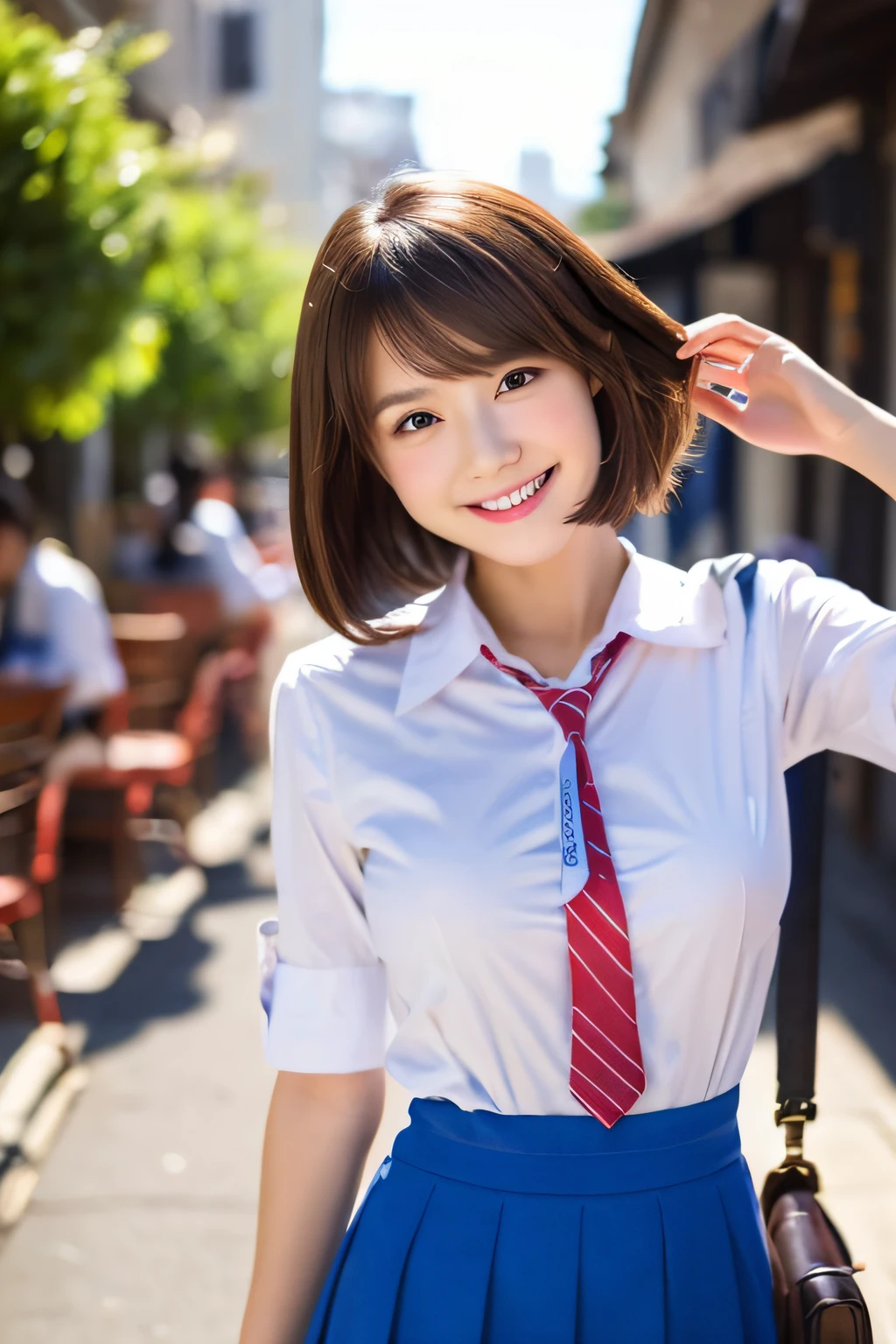 top-quality、ultra-detailliert、masterpiece、realisitic、Photo Real、one girls、(Cute 17 year old girl、small head)、(kawaii:1.2)、huge smile、(Brown hair、Short bob hair)、eyes are brown、perfect glossy skin、((A slender))、((Perfect body))、model poses、accurate depiction、face perfect、in school uniform、white shirt、Blue skirt、Red tie、large full breasts、Look here、Bright lighting、Sunnyday、cafes、terraces、Blur the background、NSFW