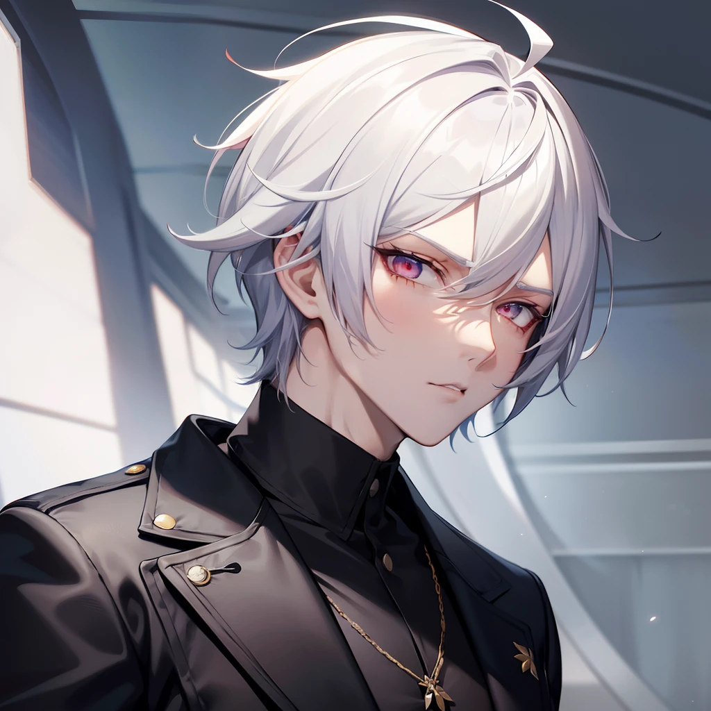 a handsome anime guy, a kpop idol, white hair, crimson eyes, stoic, cool, kpop idol, short hair, human