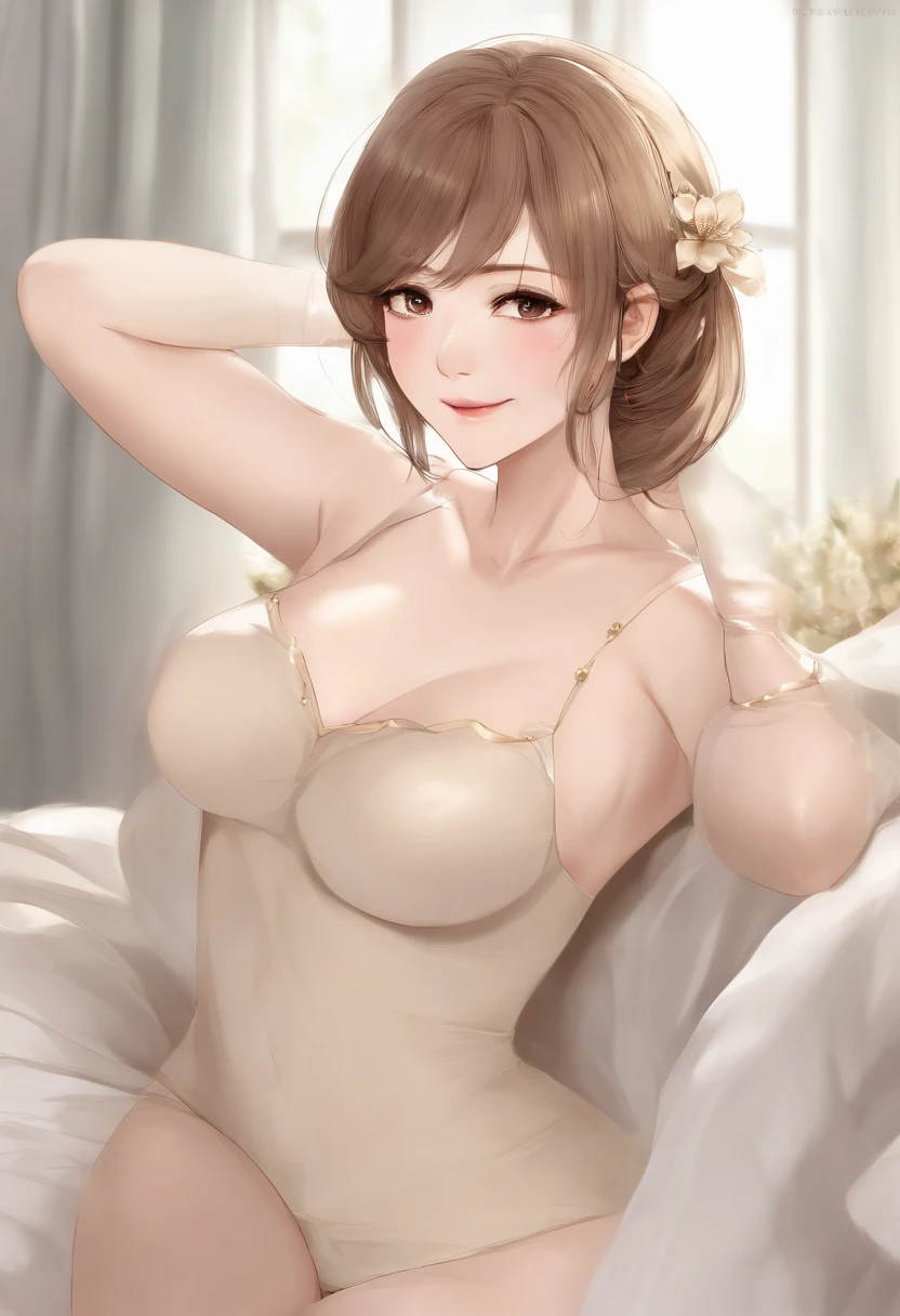 (masutepiece), (Best Quality), detaileds, 1 Lady Solo, ((Erotic mother 48 years old)), Mom's face) Plump body, full bodyesbian, is standing, Light beige bra, Light beige panties, Delicate beautiful face, oval-face, beautidful eyes, Black eyes, (Brown shorthair), poneyTail,hair pin, embarrassed from, Seductive smile, (Highest quality built:1.3) Ultra-detailed delicate illustrations, (Shiny skin:0.8), perspiring, bedroom, morning