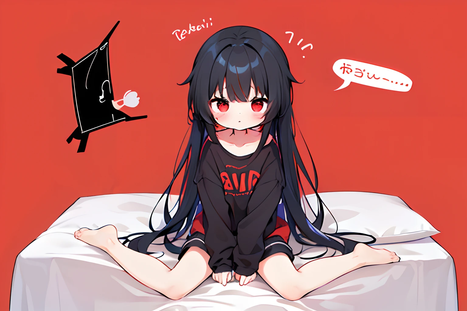 (Best Quality,4K,High resolution), girl with, Red mesh on black hair、long and disheveled hair, Zito-order,Red Eyes、Red Eyeliner、 waking up、Sitting wildly on the bed in a daze、Red oversized clothes,Empty space、Colorful background with comical theme、comic strip,animesque,,Chibi、Deformed cute illustration,