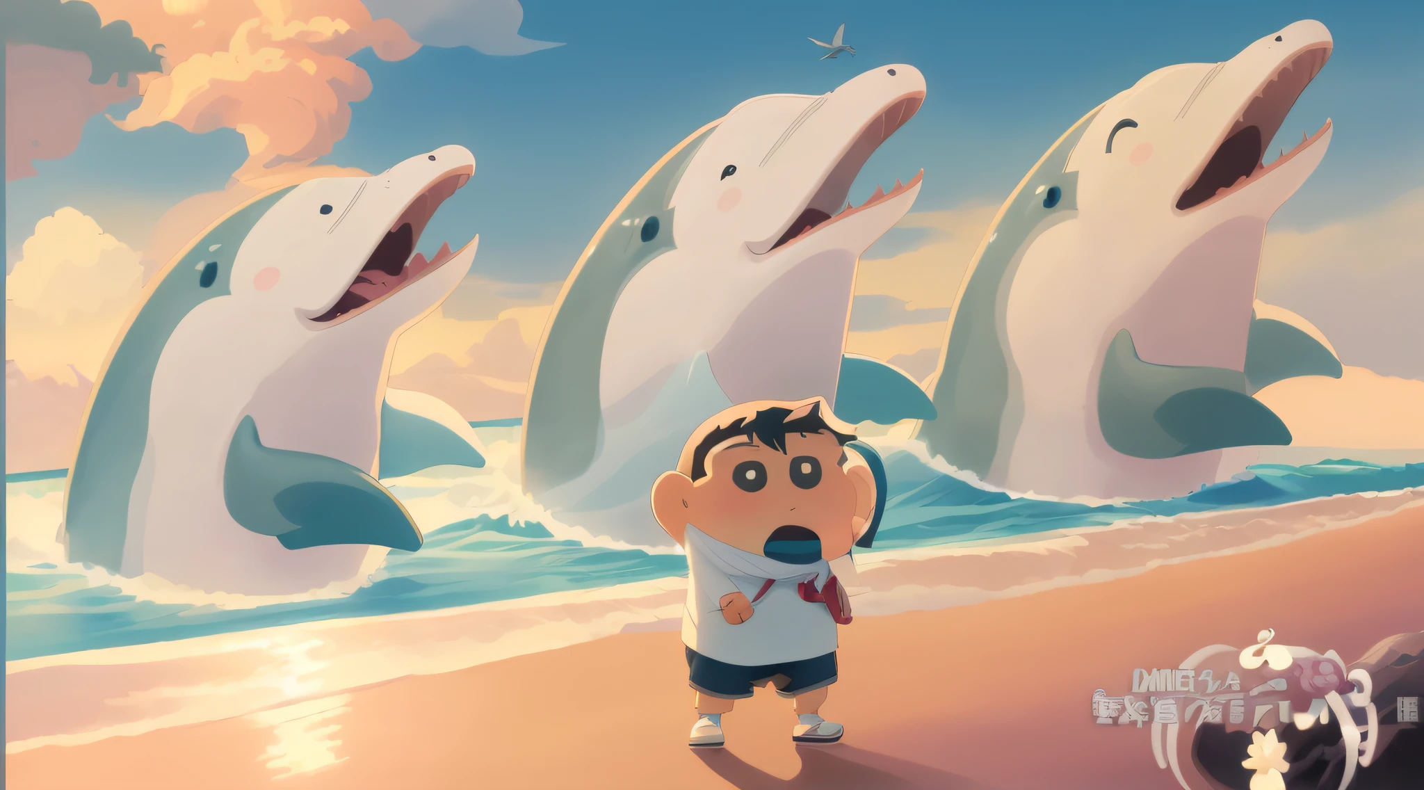 cartoon of a man riding a dolphin in the ocean with a boat, inspired by Ke Jiusi, toon, soami, tsunami behind him, by Murakami, cartoon still, super, cartoon image, title, safebooru anime image, subreddit / r / whale, official art, ghailan!, kawaai, cartoon, madotsuki, masterpiece, top-quality, (extremely detailed CG unified 8k wallpaper) (top-quality), (The best illustrations), (best shade)、