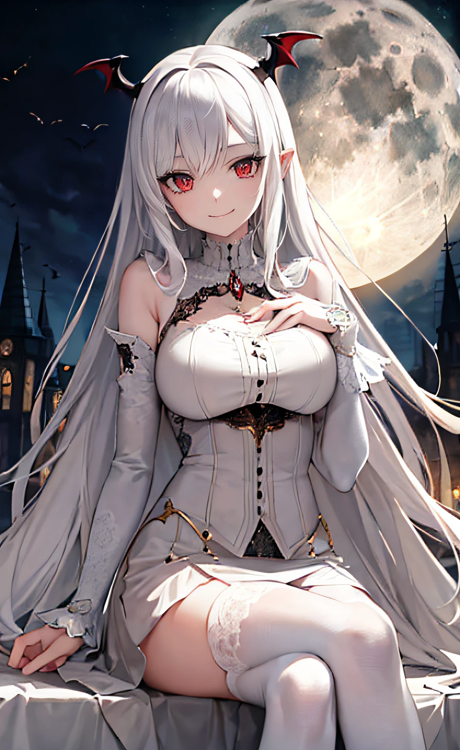 vampire,masterpiece, best quality, ultra-detailed, illustration, ultra-detailed face, best quality face, evil, 30 years old, adult, 1girl, 30 years old, no human, white hair, intricate detailed outfit, full moon, gothic setting, smile, confident, flowing red dress,elegant