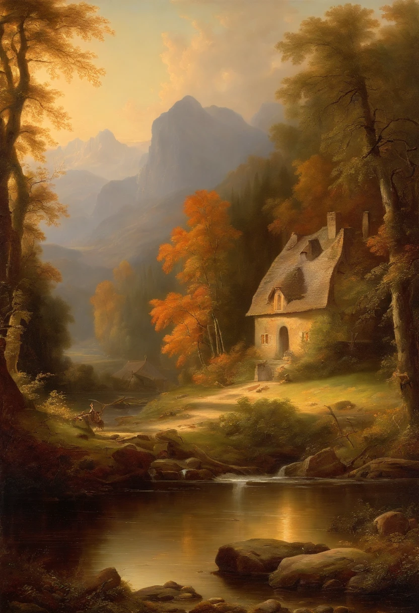 Painting of a river with a house and a waterfall in the middle, Romantische Landschaft, inspiriert von Carl Hilger, Albert Bierstadt 4 K, Romantik Landschaftsmalerei, Hudson River Schule, von August Friedrich Schenck, von Alexander Nasmyth, von Robert S. Duncanson, Alpine landscape with hut, by Joseph von Führich, Ludwig Richter Landschaft, warmes Herbstlicht, Licht und Schatten