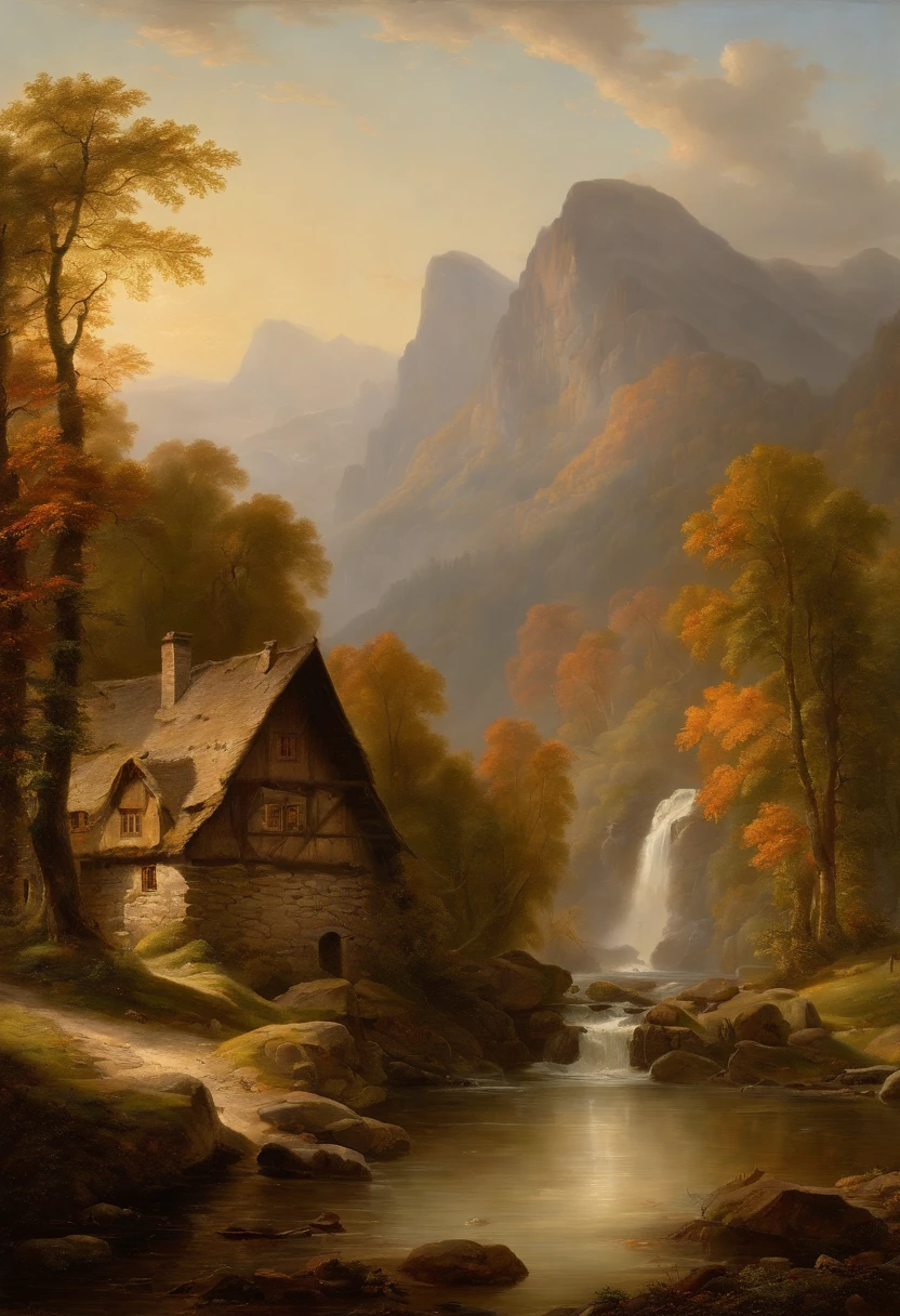 Painting of a river with a house and a waterfall in the middle, Romantische Landschaft, inspiriert von Carl Hilger, Albert Bierstadt 4 K, Romantik Landschaftsmalerei, Hudson River Schule, von August Friedrich Schenck, von Alexander Nasmyth, von Robert S. Duncanson, Alpine landscape with hut, by Joseph von Führich, Ludwig Richter Landschaft, warmes Herbstlicht, Licht und Schatten