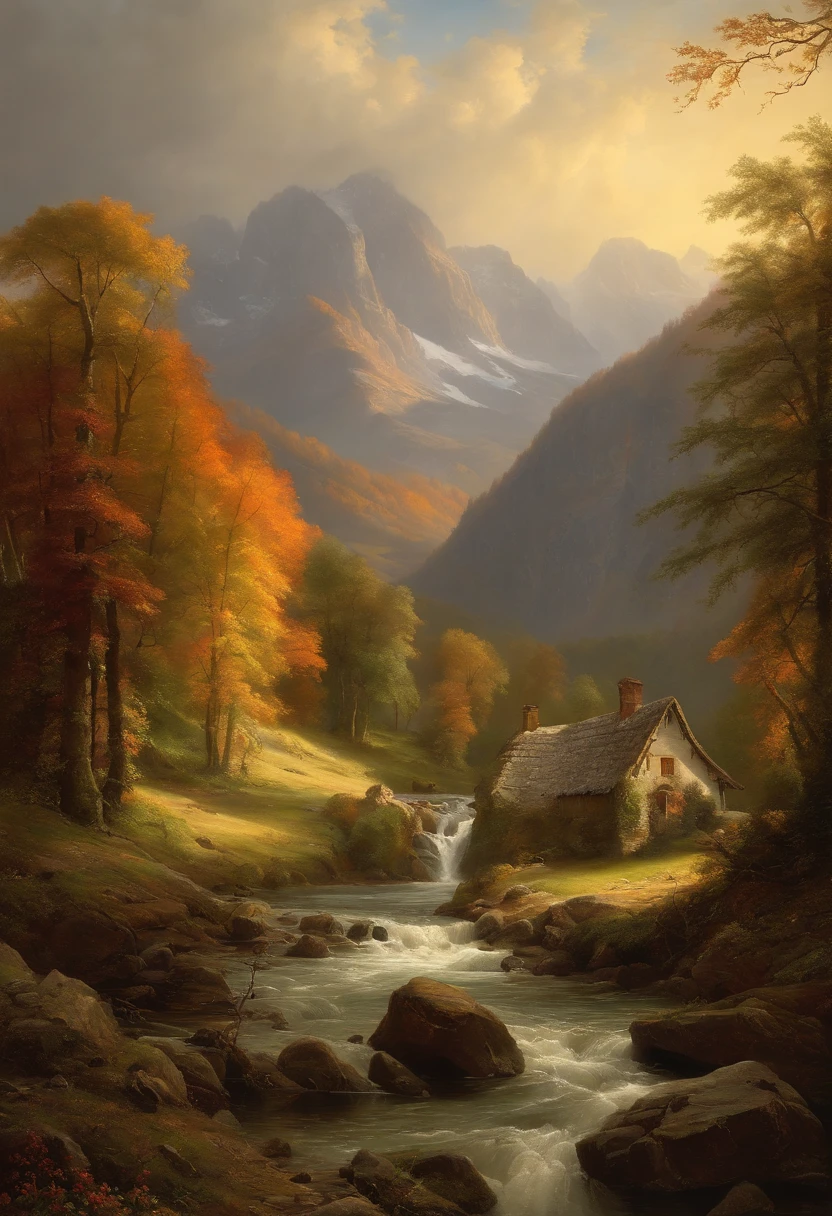 Painting of a river with a house and a waterfall in the middle, Romantische Landschaft, inspiriert von Carl Hilger, Albert Bierstadt 4 K, Romantik Landschaftsmalerei, Hudson River Schule, von August Friedrich Schenck, von Alexander Nasmyth, von Robert S. Duncanson, Alpine landscape with hut, by Joseph von Führich, Ludwig Richter Landschaft, warmes Herbstlicht, Licht und Schatten
