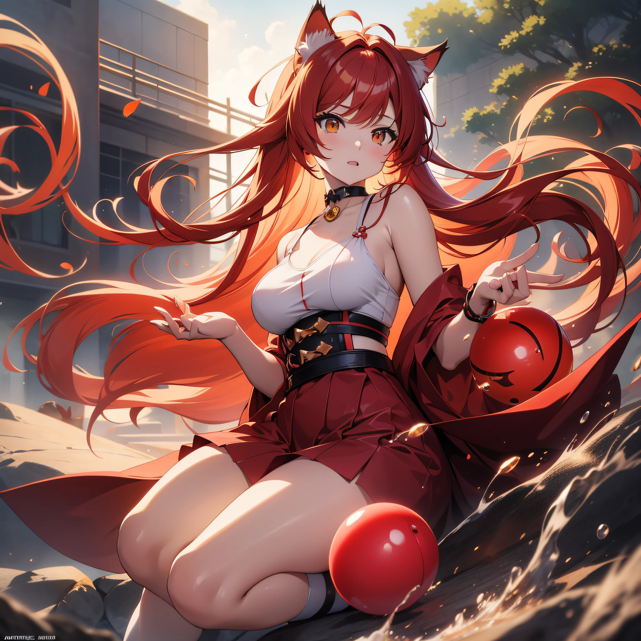 masterpiece, anime girl with red hair playing with a ball of whool, anime girl with cat ears, neko girl, beautiful anime catgirl, having fun, trending on artstation, anime style 4 k, anime cat, girl with cat ears, neko, artstation