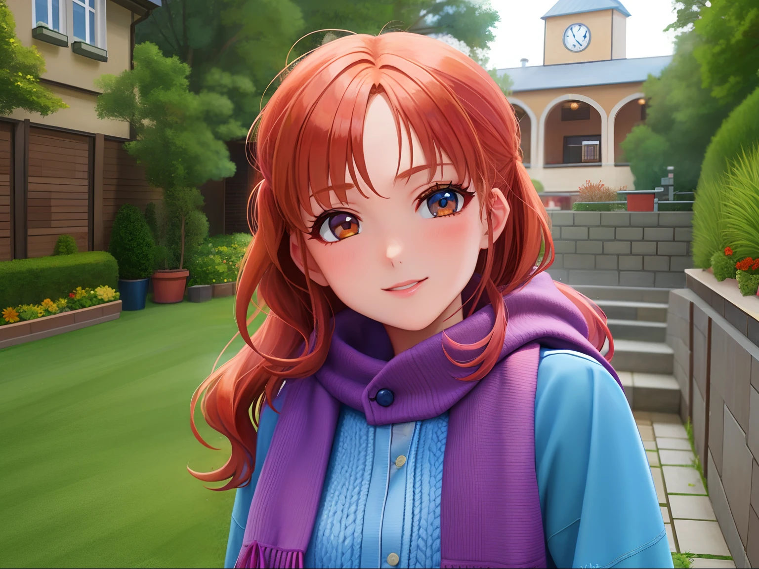 There's a young girl, das mit einem lila Schal in einem Hof steht, cute young redhead girl, im Alter von 13 Jahren