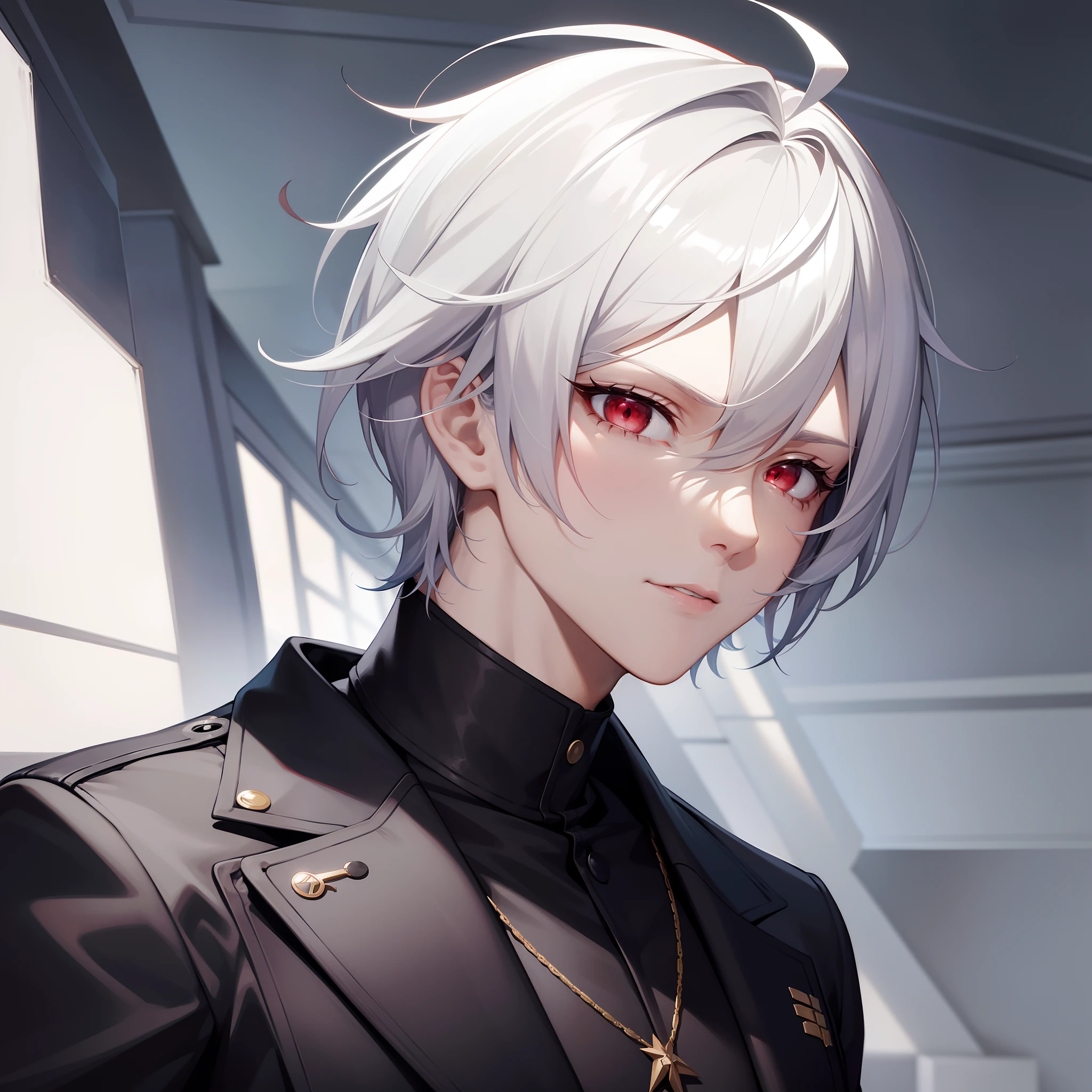 a handsome anime guy, a kpop idol, white hair, crimson red eyes, stoic, cool, kpop idol, short hair, human
