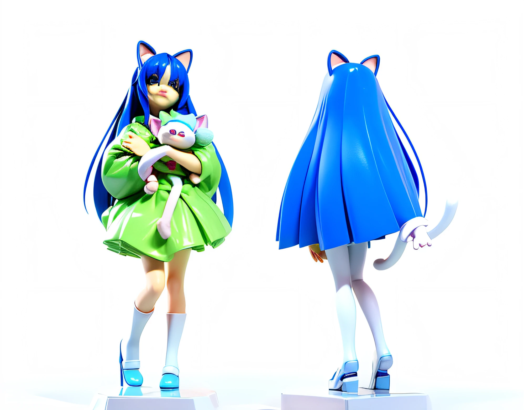 There are two blue-haired people,Holding a cat in his arms, Attractive cat girl, she is holding a cat in her arms, beautiful young catgirl, woman with cat ears, long haired humanoid fursona, Girl with cat ears, there is a cat next to her, anime girl with cat ears, Cat girl, cute anime catgirl, Flat anime style