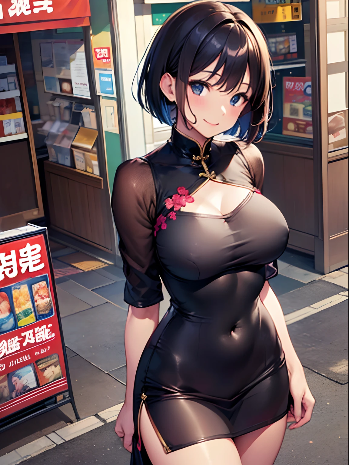 (Masterpiece, highest quality:1.3), High resolution, (illustration: 1.3), 35 years old, milf, (cute:1.3), medium breasts, (black bob cut;1.1), crop top navel china dress, akihabara street, happy smile, kiss