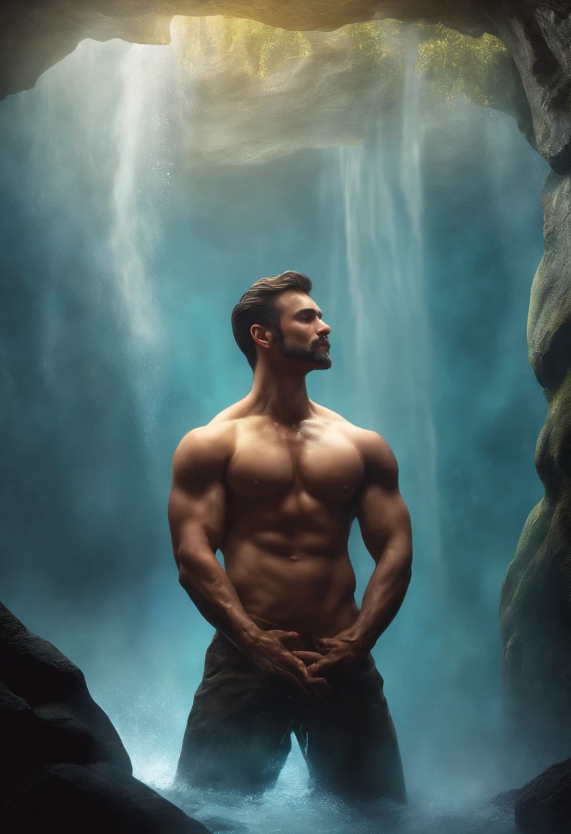 ((official art)), ((concept art)), 1man, naked masculine 1man, dark short hair, muscular, splashing water effect, reflection, cheraschoro, crotch bulge, mustache, (hairy body:1.2), erotica, masculinity, strength, inside a cave, masculine pose, no loincloth, Eldorodo, magic, gold, plasmatic elements, fantasy, fully naked, hot , naked , hairy , fully