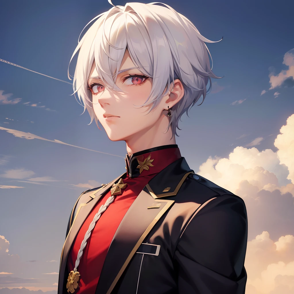 a handsome anime guy, a kpop idol, white hair, crimson eyes, stoic, cool, kpop idol, short hair, human