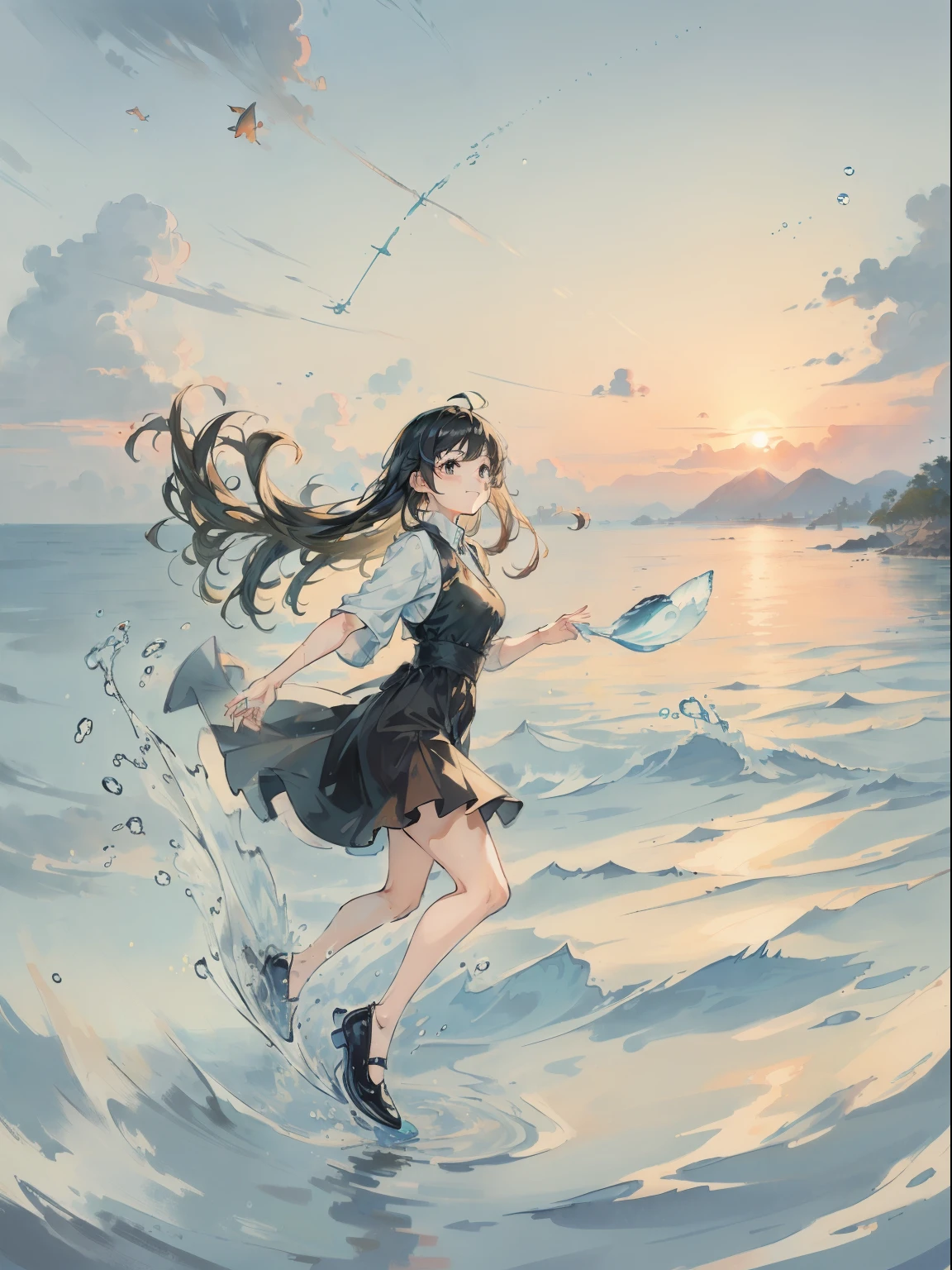 Floating Water, flow, Water Spiral, A ball of water in her hand., Water on the back, Water control, Whirlwind of water, ((ocean, Sky at Dawn, Fluffy clouds, Sunrise in the background)), (1girls, Wear a flowing black summer dress., No shoes., Long Blonde Hair, Smiles, looking at the camera, View from the front, Half submerged in water., Fish swim around., Water droplets flying around)), Good legs, Perfect Legs , japanese school uniform , Magic , Water Magic