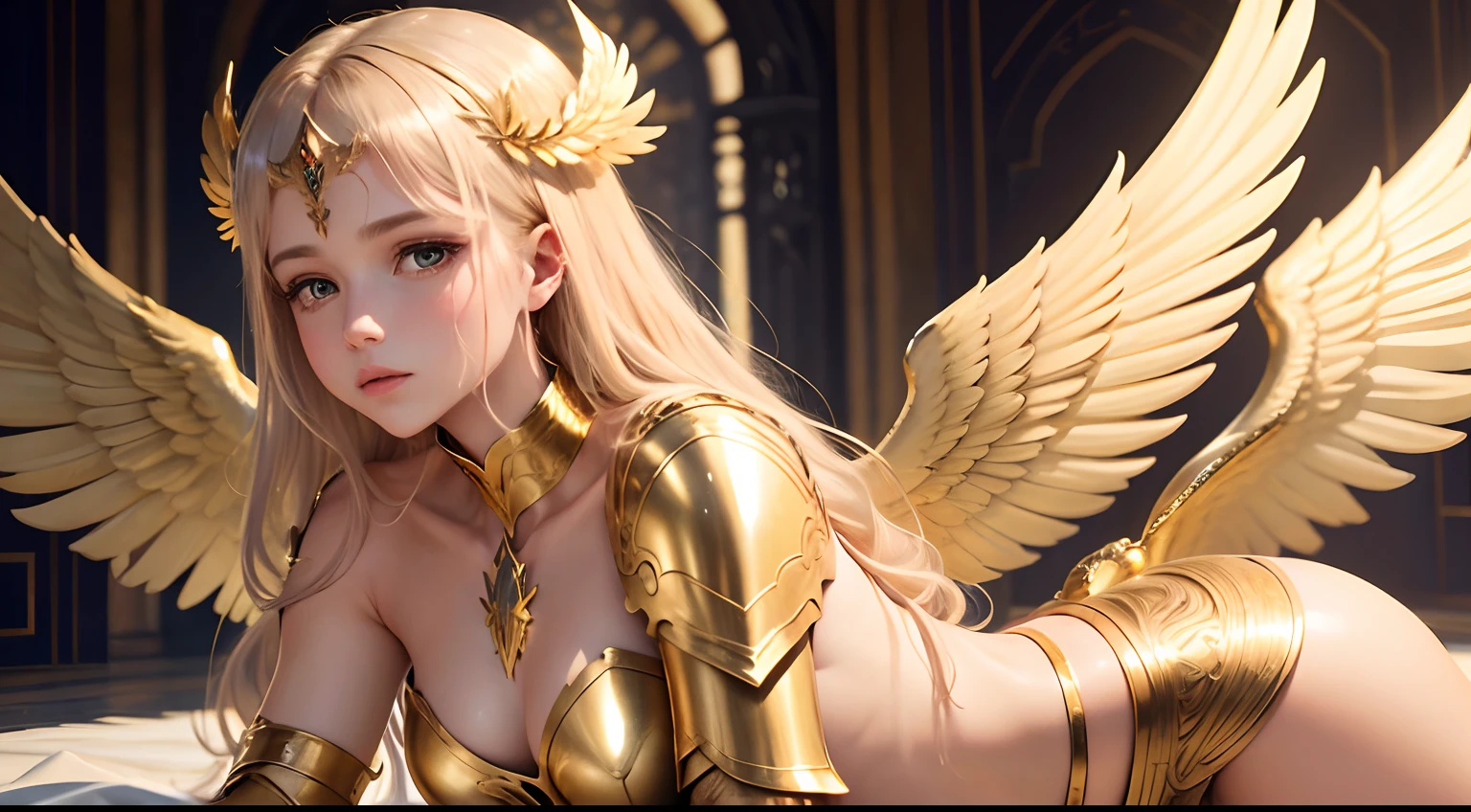 archangel raguel, detailed wings, saint angel, celestial image, golden armor, golden hair. full hd, rich details