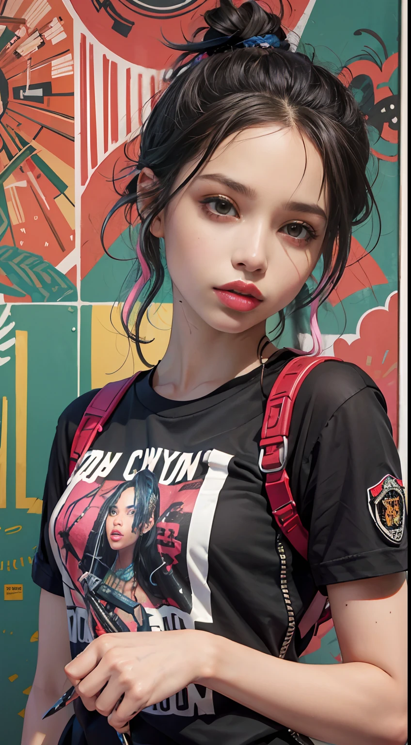 New York City centered, isometric, vector t-shirt art ready to print highly detailed colourful graffiti illustration of Zoë Kravitz, wearing military outfit, holding rifle, face highly detailed, vibrant color, high detail