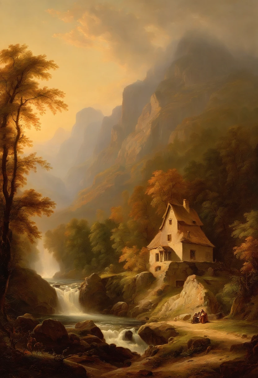 Painting of a river with a house and a waterfall in the middle, Romantische Landschaft, inspiriert von Carl Hilger, Albert Bierstadt 4 K, Romantik Landschaftsmalerei, Hudson River Schule, von August Friedrich Schenck, von Alexander Nasmyth, von Robert S. Duncanson, Alpine landscape with hut, by Joseph von Führich, Ludwig Richter Landschaft, warmes Herbstlicht, Licht und Schatten, Woman sitting at the foot of a tree in sunlight