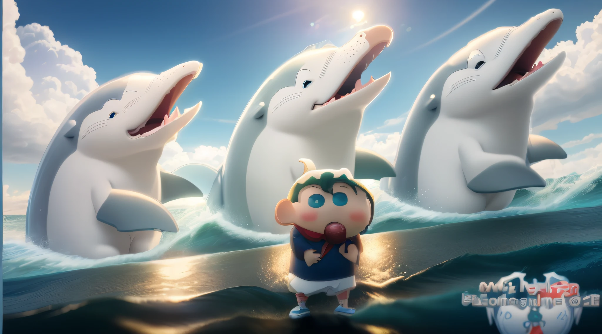 cartoon of a man riding a dolphin in the ocean with a boat, inspired by Ke Jiusi, toon, soami, tsunami behind him, by Murakami, cartoon still, super, cartoon image, title, safebooru anime image, subreddit / r / whale, official art, ghailan!, kawaai, cartoon, madotsuki, ​masterpiece, top-quality, (extremely detailed CG unified 8k wallpaper) (top-quality), (The best illustrations), (best shade)、