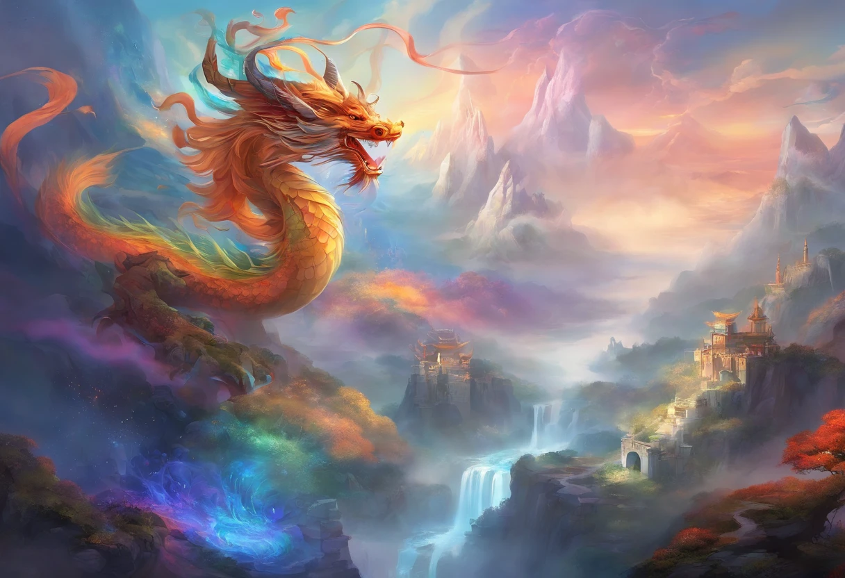 mythological creatures,chinesedragon,Traditional Chinese elements,Ancient murals,Illustrative myths,Fuyao Legend,Dappled light,Hazy haze,mystical aura,tmasterpiece,k hd,Rich in color,Detailed details,Seven colors