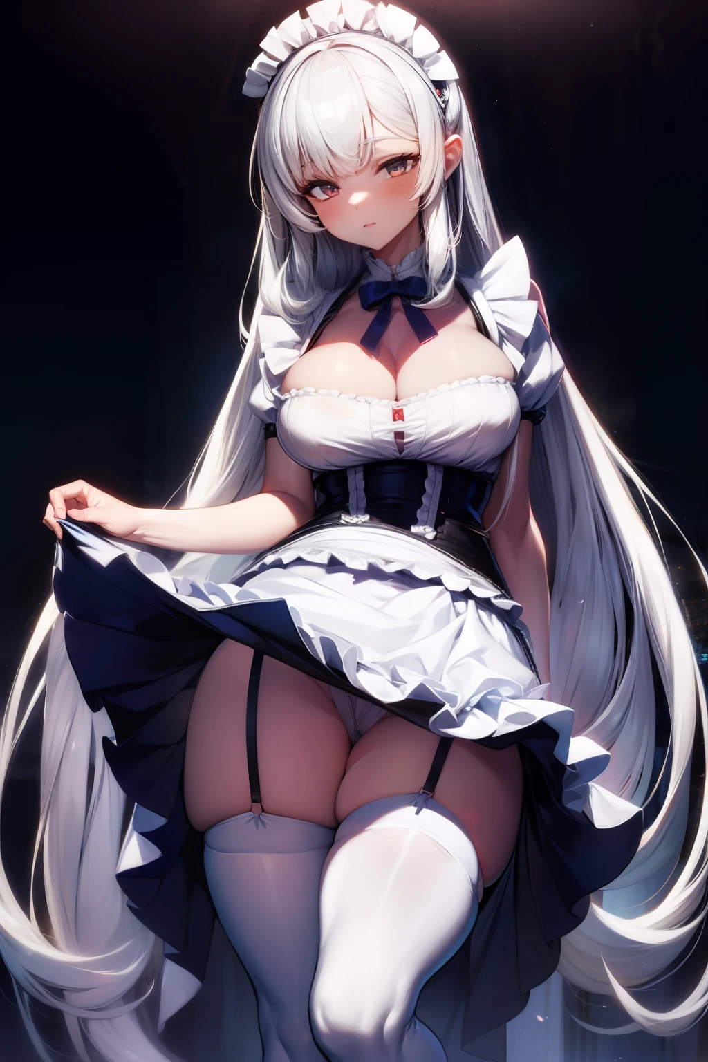 （8K ，Hyper-detailing，Ultra photo realsisim，Best Masterpiece，naturey，Movie special effects，Perfect artwork，Perfect female body），a cute young girl，Long white hair，Very long white hair，（large tities），Cool maid outfit，black suspenders stockings，Large cleavage，lifting up skirt，Stretch meat