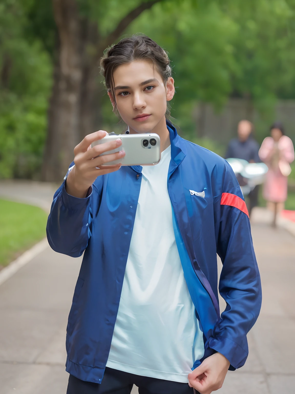 best quality, masterpiece:1.2), ultra high res, realistic, front lighting, intricate detail, Exquisite details and textures,1boy, solo ,(young), face highlight, upper body, detailed face, tear mole, white skin, silver hair, ponytail, braid hair, looking at viewer, big eyes, silk robe, (hollow pattern, white, slim body, luxury room, photon mapping, radiosity,with 1+ selfi mode ,cool ,no background exchange, No face exchange,Only face smooth no face exchange , exchange iPhone 15 with cover,1+ to iPhone 15