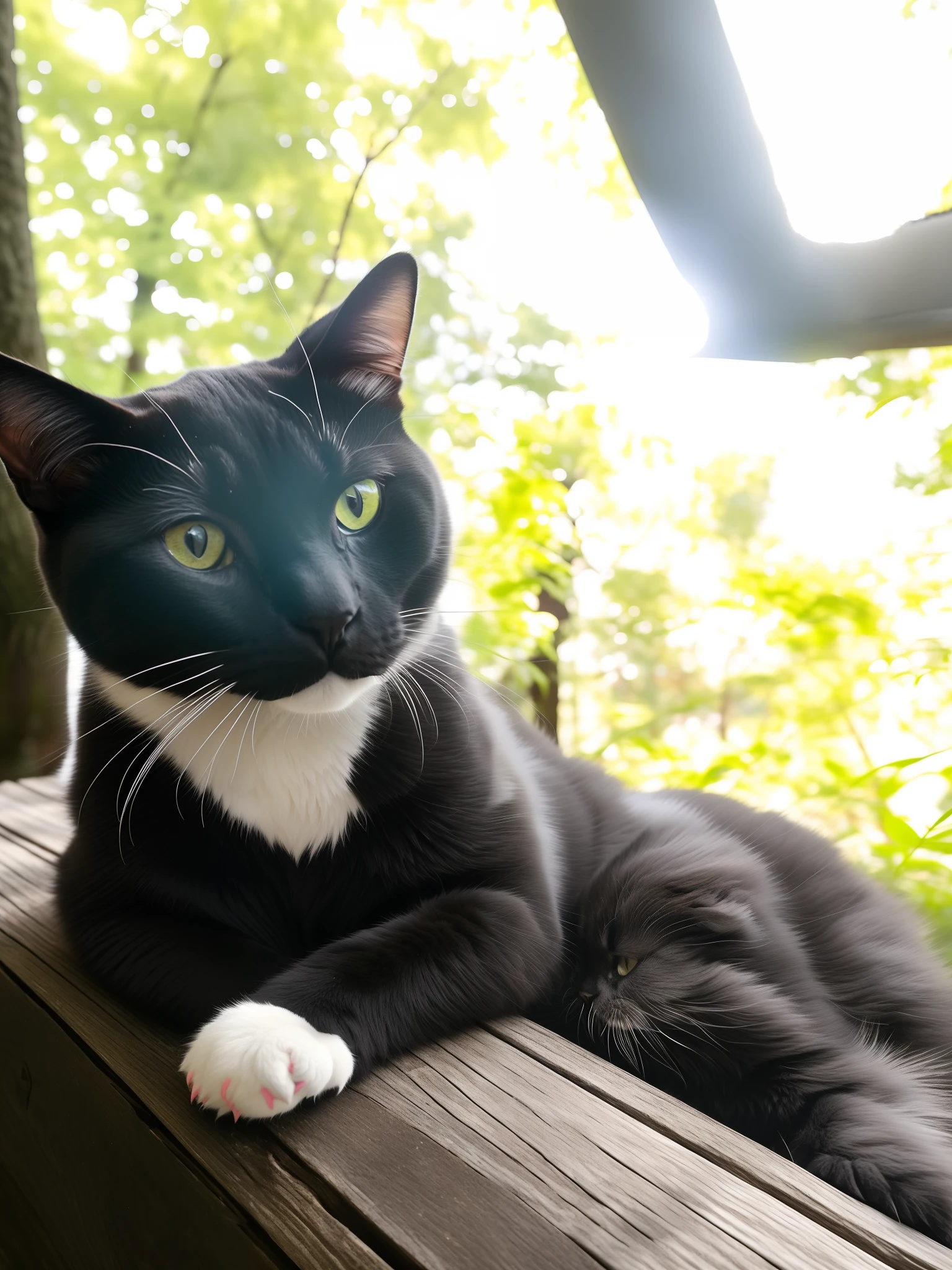 there is a black and white cat sitting on a wooden bench, cat female with a whit and chest, cat photo, taken with sony alpha 9, serious composure, photo of a cat, cat in the forest, looking towards the camera, tuxedo cat, cute cat photo, cute furry needs your help, black and white cat, is looking at the camera