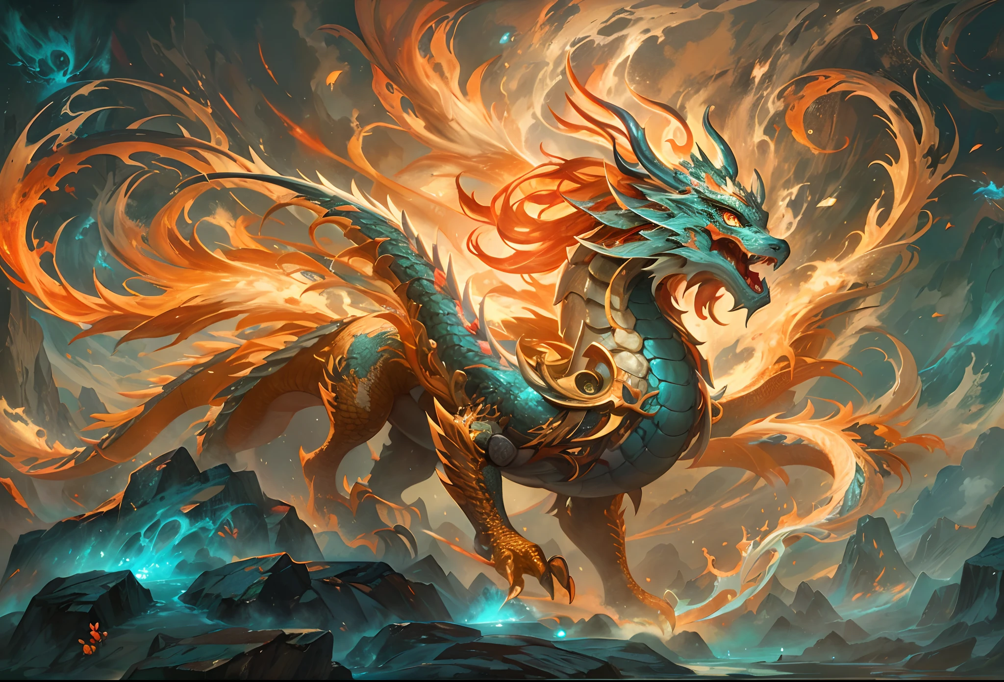 mythological creatures，chinesedragon，Traditional Chinese elements，Ancient murals，Illustrative myths，Fuyao Legend，Dappled light，Hazy haze，mystical aura，tmasterpiece，k hd，Rich in color，Detailed details，Seven colors，smog，mountain water